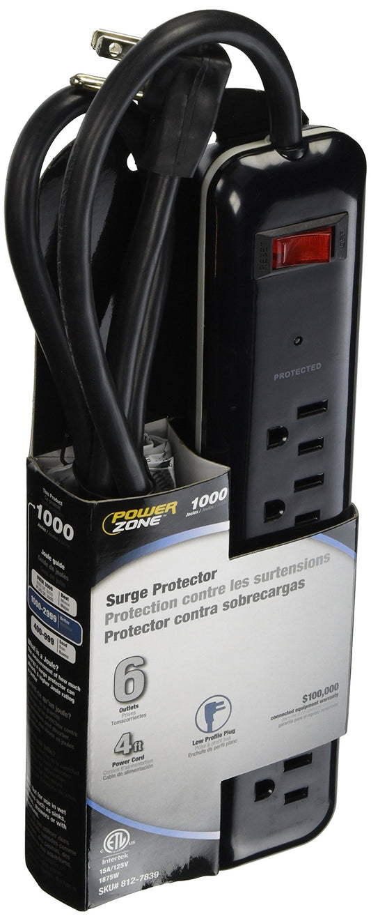 Powerzone OR802225 Surge Protector Tap Strip, 125 V, 15 A, 6 Outlet, Black