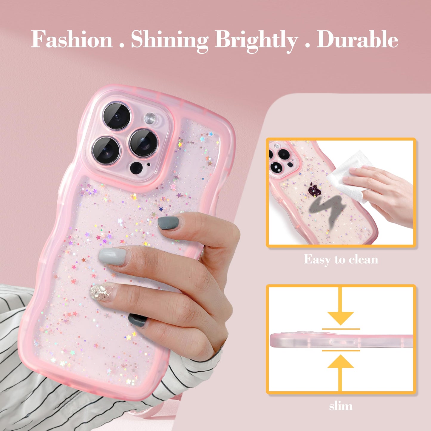 IAIYOXI Case for iPhone 14 Plus - Curly Wave Edge Design, Bling Glitter Star Shiny Case, Cute Pink Clear Full Protection Soft TPU Shockproof Cover