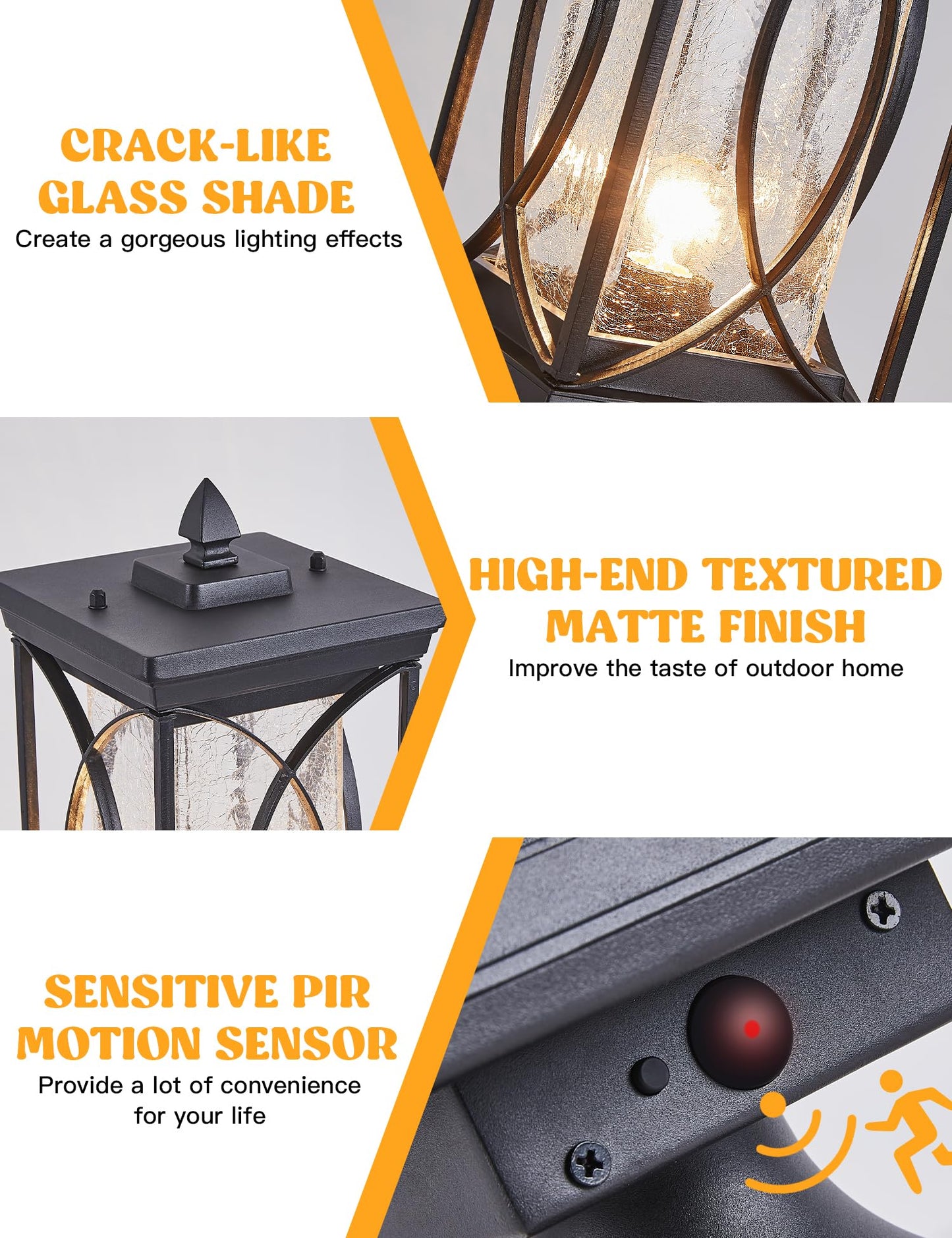 Delicavy Motion Outdoor Post Lantern Dusk to Dawn Pillar Lamp with 3 Inch Pier Mount Adapter, Black Pole Light Aluminum with Crackle Glass Motion