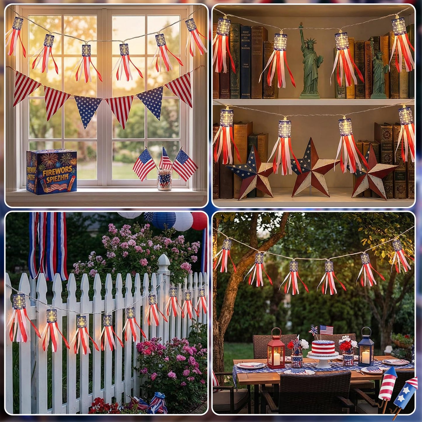 PASUTO 4th of July Decorations Lights, 8.5 FT American Flag Windsock String Lights Plug in with 10 LED Flag Windsock Bunting for Indoor/Outdoor Fourth