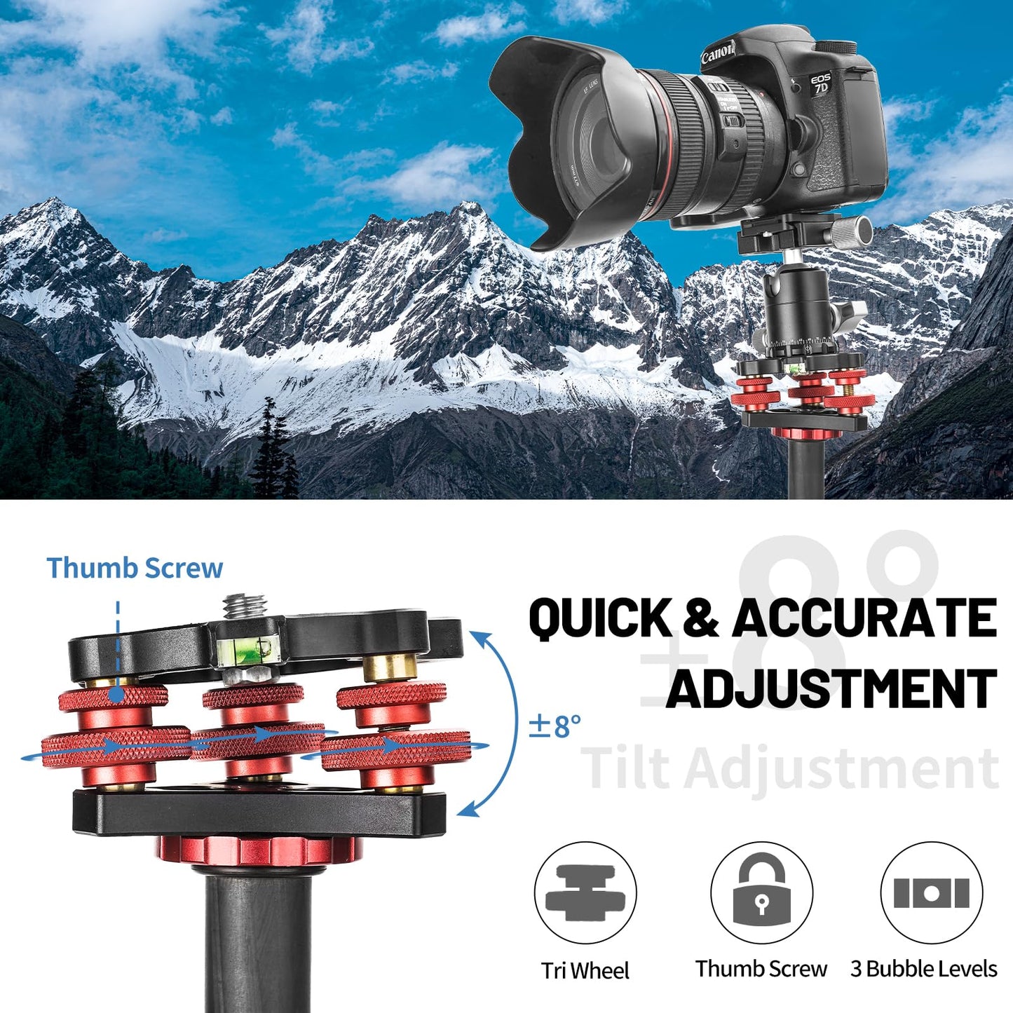 Tripod Leveling Base Camera Leveler, Aircraft Grade Aluminum Alloy 3 Axis Tri Wheel Head, 3/8” Thread, with +/-5 Degree Precision Adjustment for DSLR