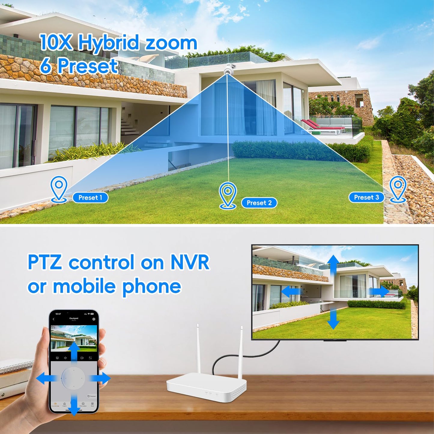 MMQ Security Camera Wireless, 2MP Dual Lens Camera for Home Security, Outdoor Camera PTZ with 10X Hybrid Zoom, Auto Tracking Human Detection, 2-Way