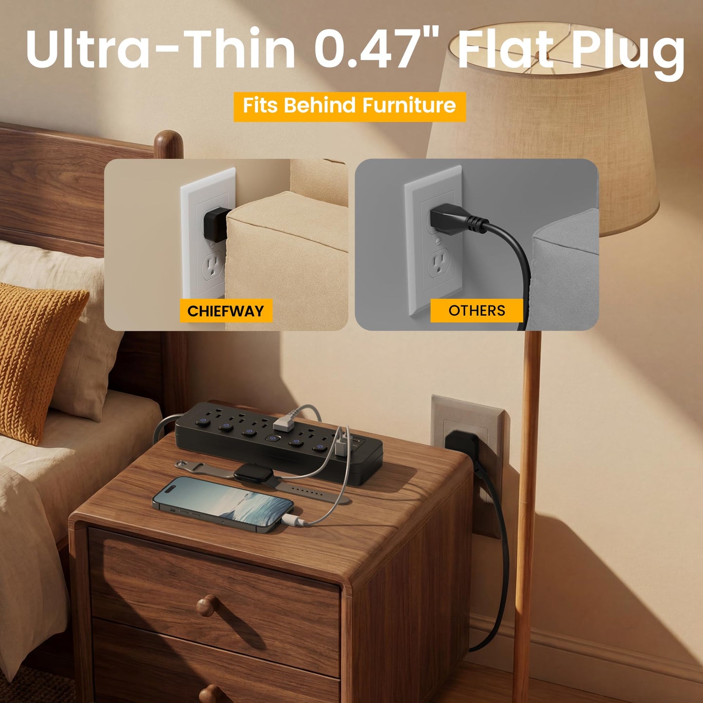 Wall Outlet Extender, 6Ft Power Strip with Individual Switches, 6 Outlets & 4 USB Ports (1 USB-C), Extension Cord with Multiple Outlets, Cruise