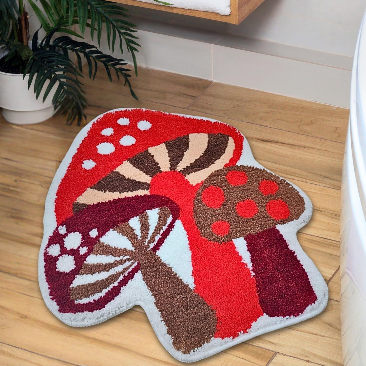 BeauWoven Mushroom Rug - Washable Bath Mat Non-Slip Bathroom Rug Absorbent Mat for Kids and Women Ideal Red Mushroom Decor Rugs for Bedroom, Kitchen