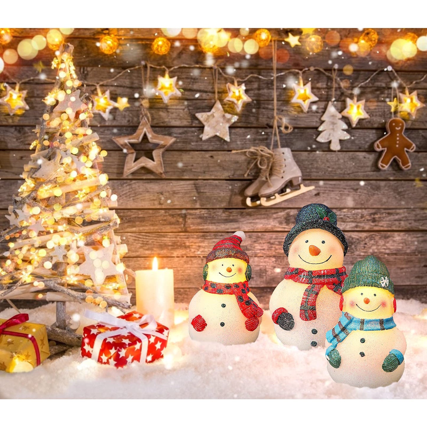 Crystal Club Christmas Flameless Candles, Set of 3 Santa Snowman Real Wax Candles, Battery Operated LED Candles with Remote and Timer for Christmas