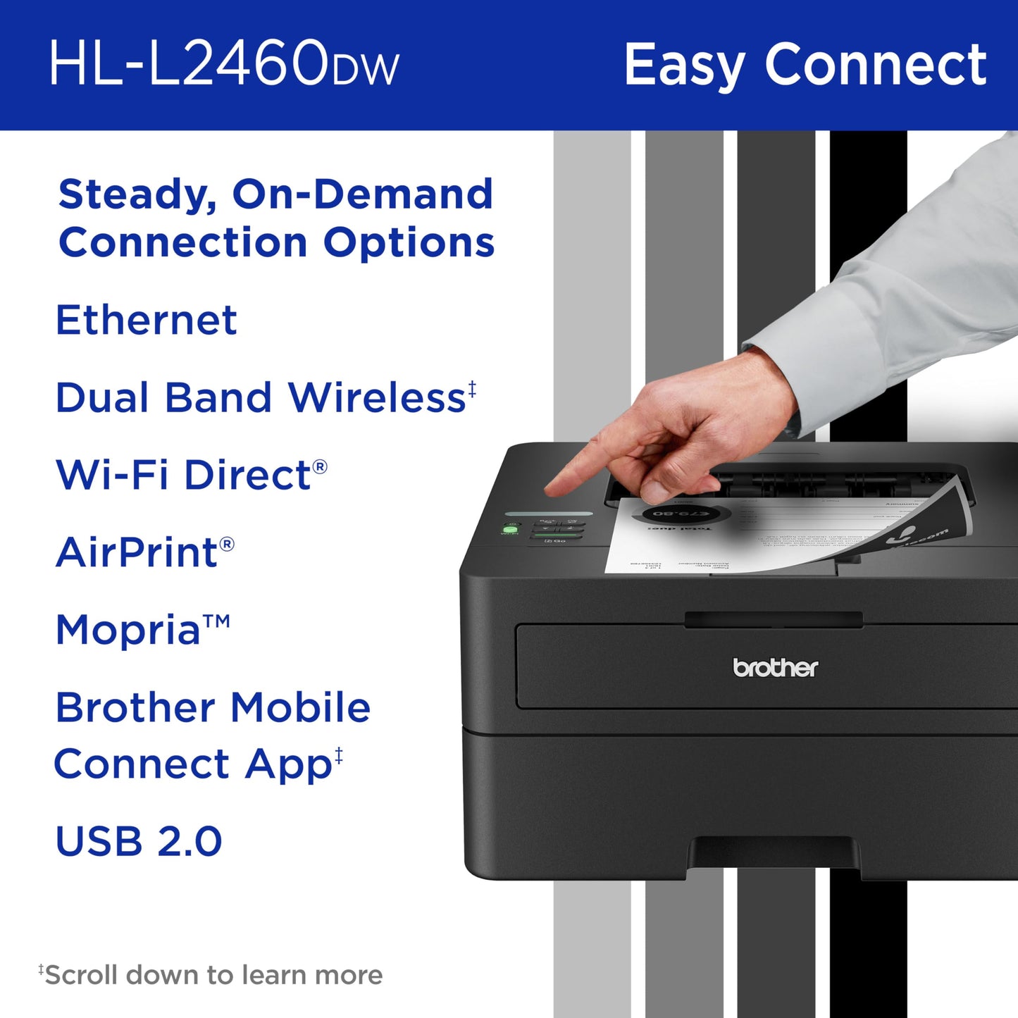 Brother HL-L2460DW Wireless Compact Monochrome Laser Printer with Duplex, Mobile Printing, Black & White Output | Includes Refresh Subscription