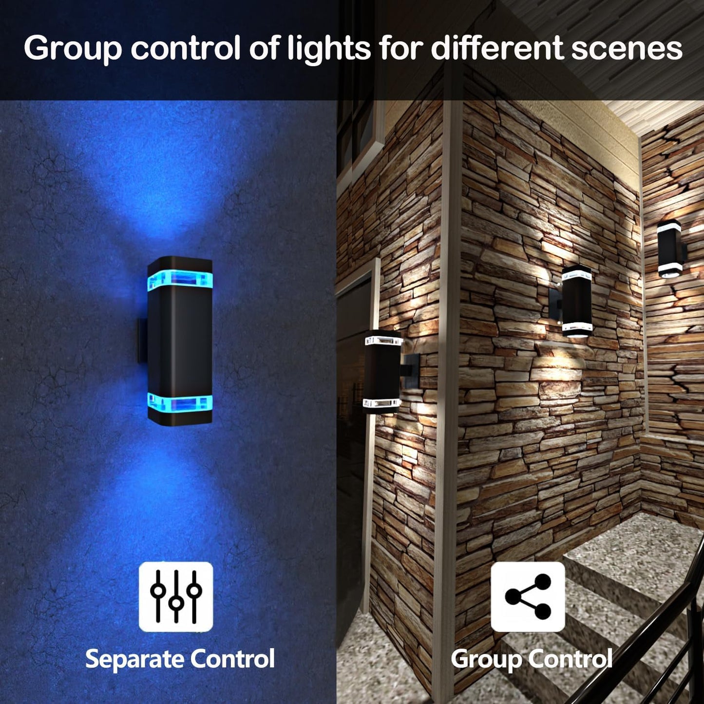 wowlite Smart Up and Down Lights Outdoor 2 Pack, RGBCW Exterior Lighting Fixtures WiFi App Control 2700K-6500K Ambience Wall Sconce Light Color