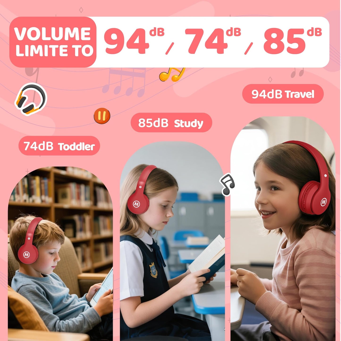 Mokata Headphones Kids Bluetooth 5.4 Wireless Play Time 68H Safe Volume Limit 85/94dB Over-Ear Foldable Headset,Fast Charging,with Aux Cord Built-in…