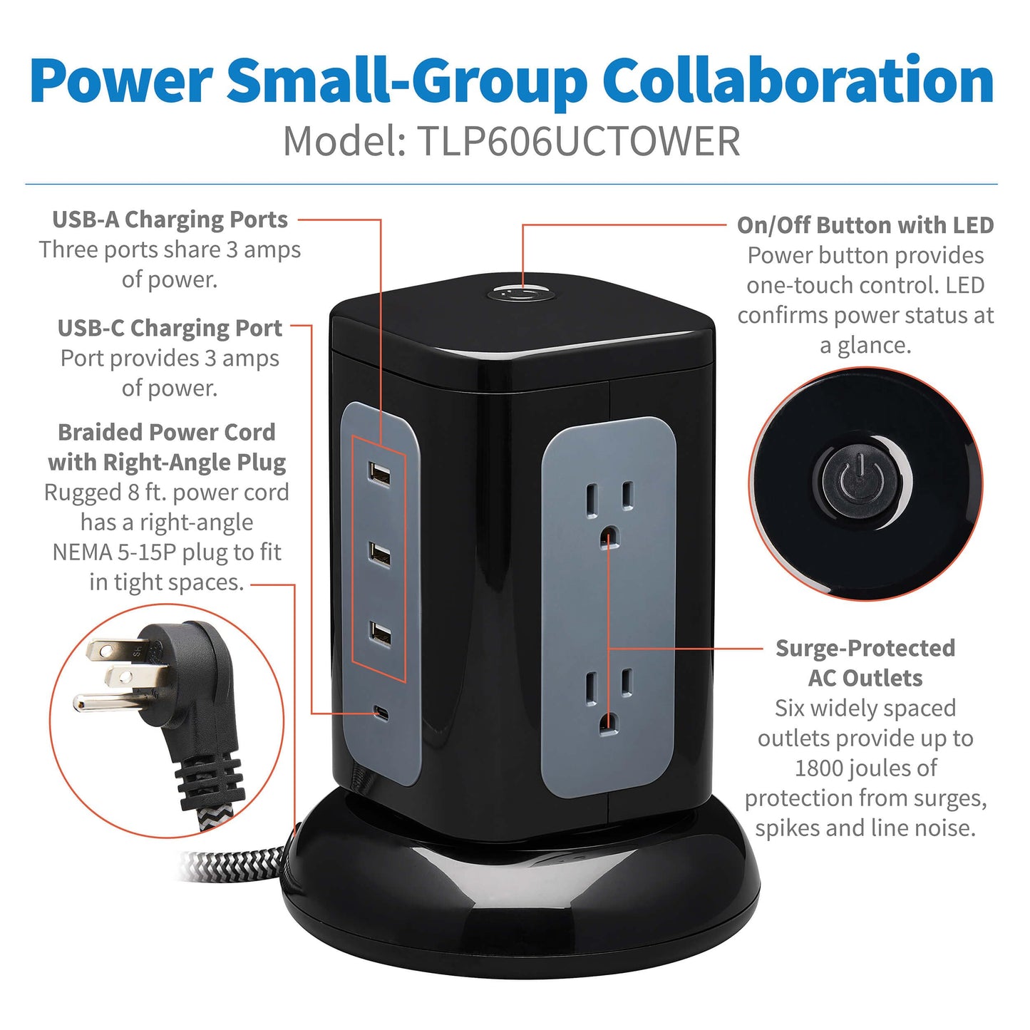 Tripp Lite TLP606UCTOWER Charging Tower Power Strip Surge Protector & Charging Station with USB Ports, 1800 Joules, 6 Outlets, 3 USB-A + 1 USB-C, 8ft