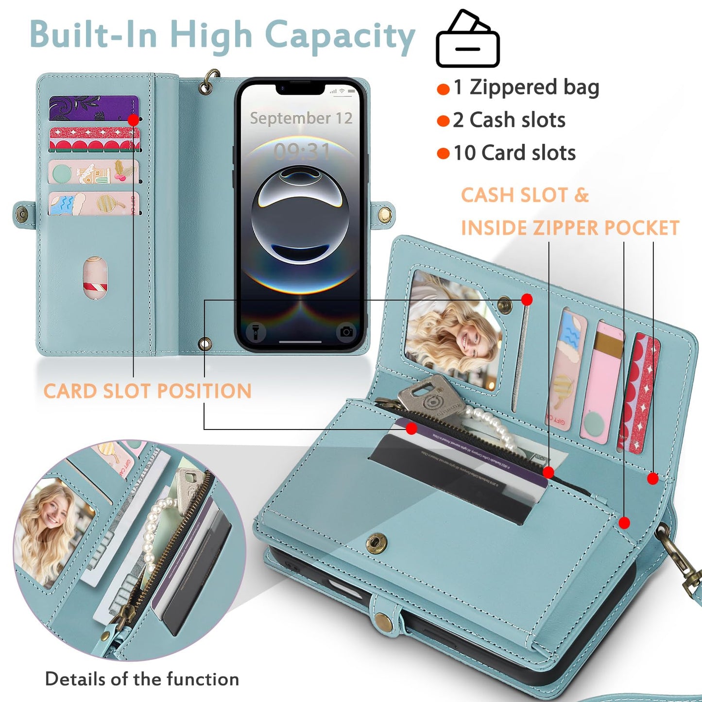 MEGSHI for Wallet Case Compatible with iPhone 16e / 17e ,Multi-Function Detachable 2 in 1 Magnetic iPhone 16e / 17e Case Wallet,Flip Strap Zipper Card