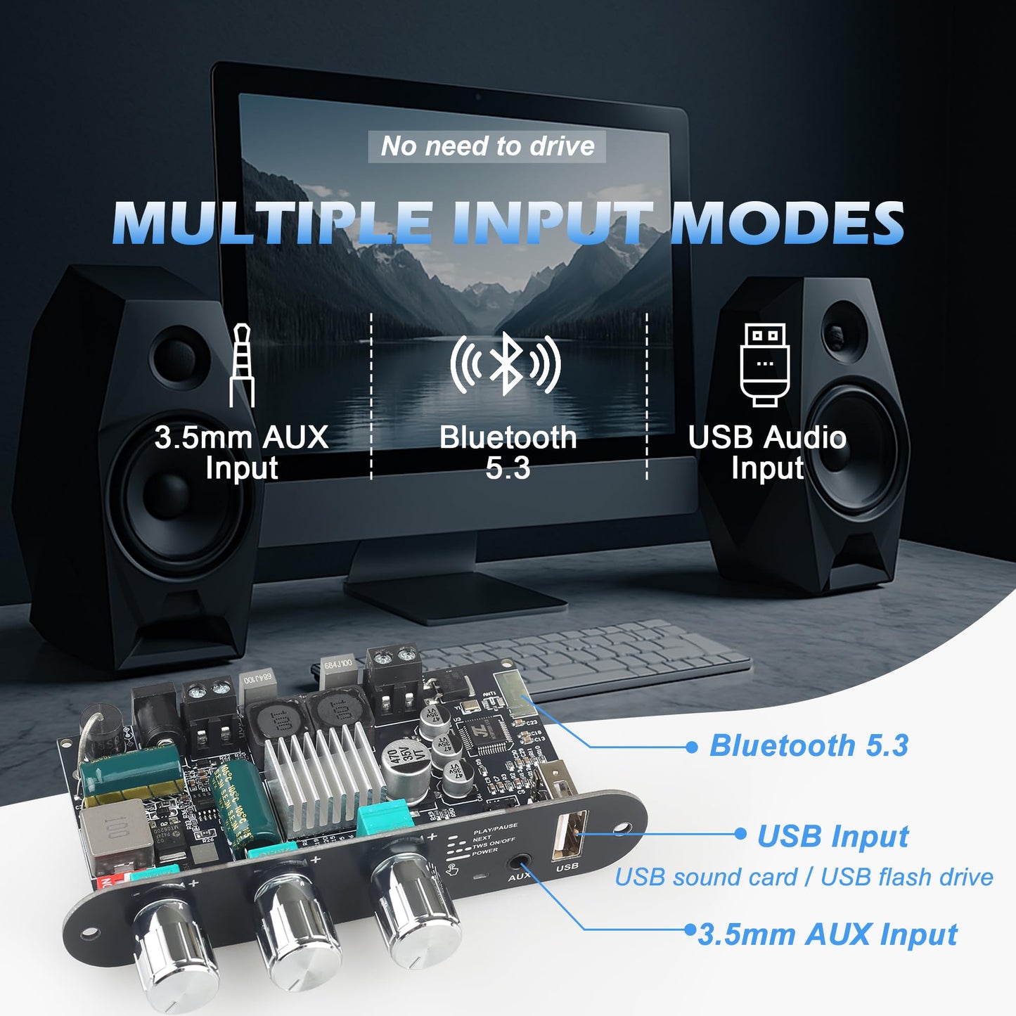 Wuzhi Audio 2PCS ZK-1001U Mono Amplifier Board with TWS, 100W Power Output, Vehicle Amplifier Wide Voltage Input 9-24V, Supports USB/AUX/Bluetooth
