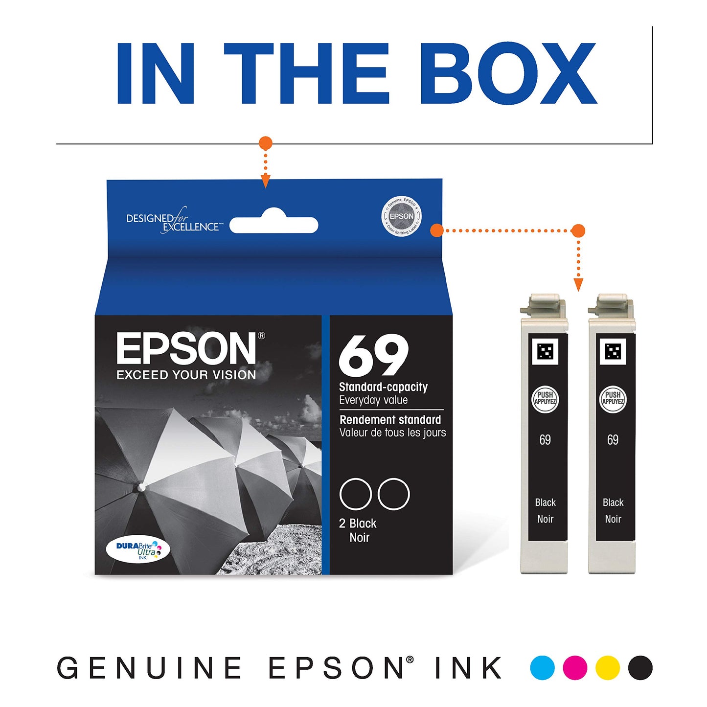 EPSON 69 DURABrite Ultra Ink Black 2-Pack For CX-6000, CX-7000F, CX-7400, CX-8400, CX-9400, CX-9475, NX-400, NX-415, NX-510, NX-515, WF-1100, WF-500
