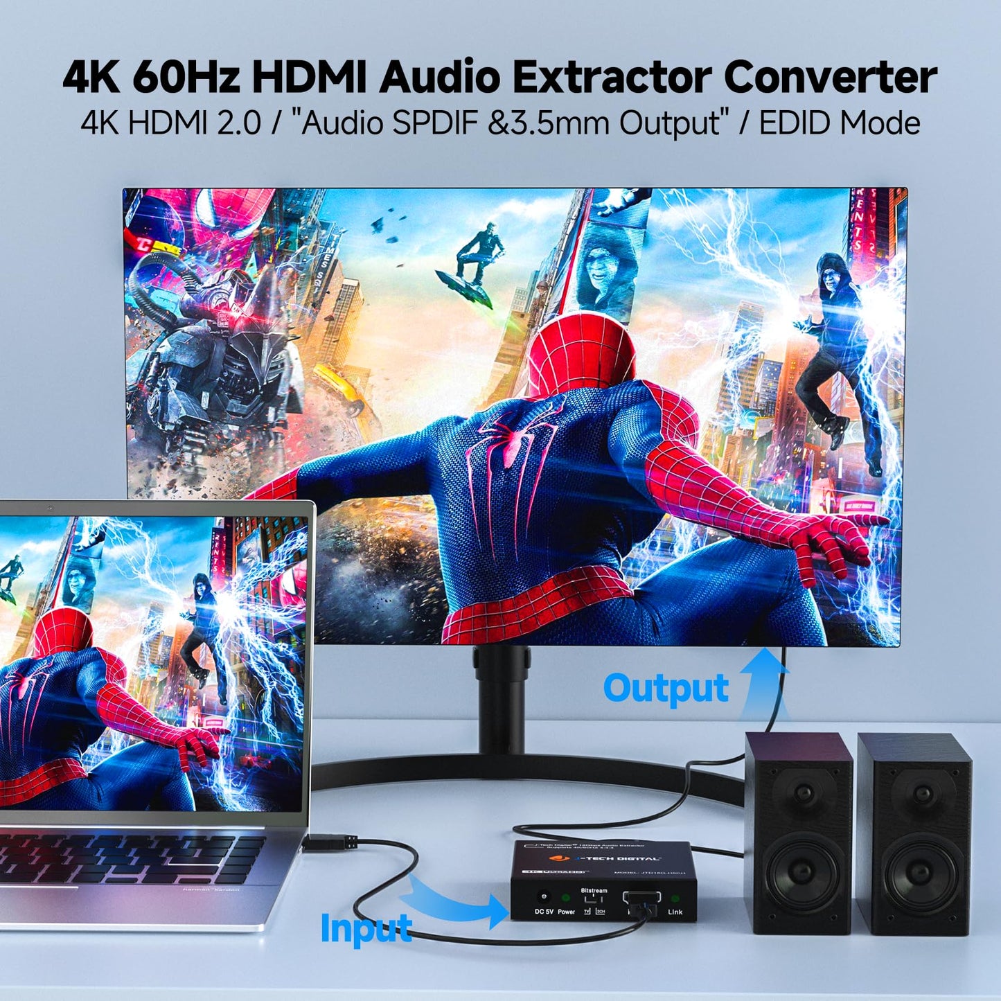 J-Tech Digital 4K HDMI Audio Extractor, 4K@60Hz 1080P@120Hz 1080P@144Hz HDMI to Optical, 3.5mm Audio Converter Adapter, SPDIF, HDR10 CEC Digital
