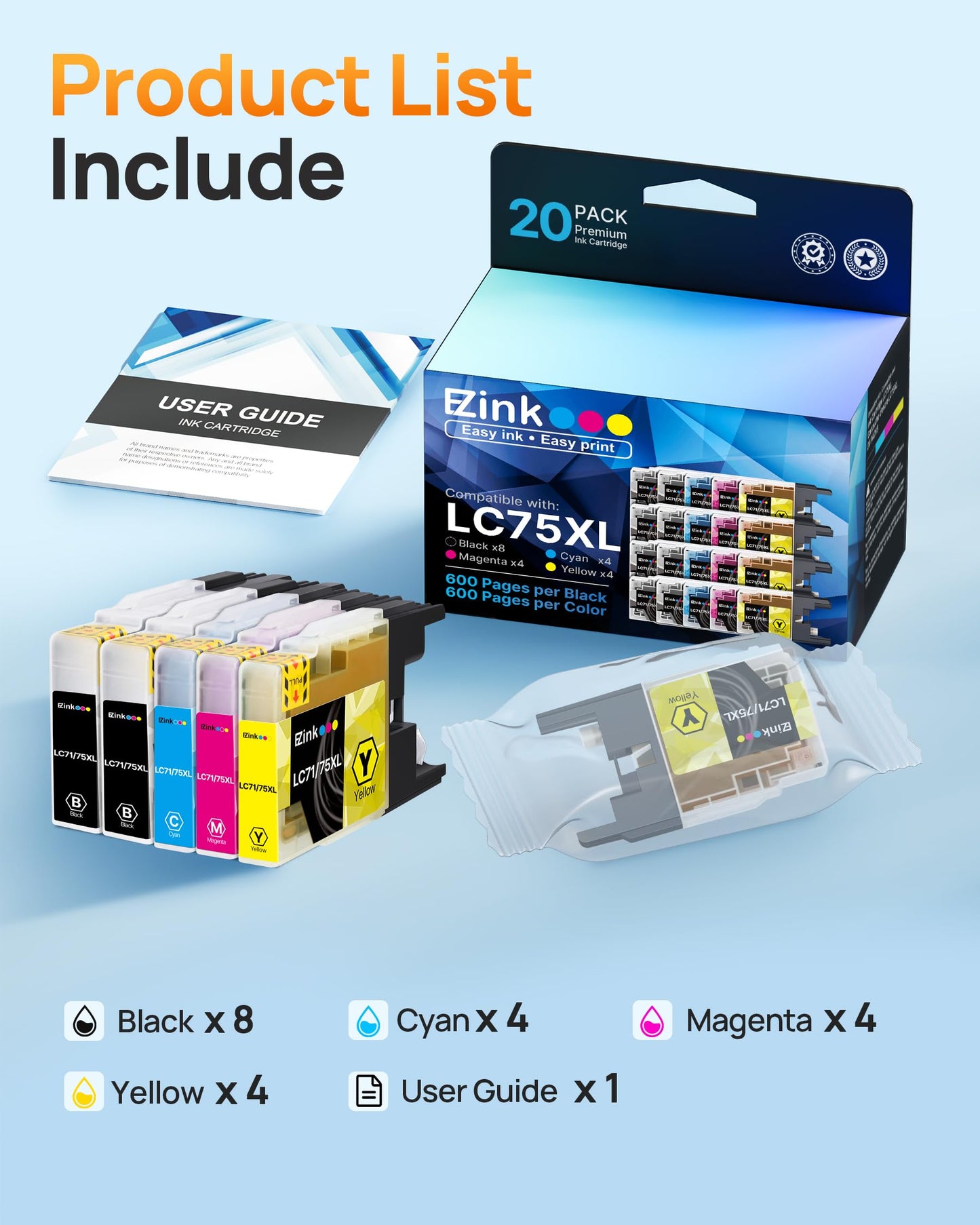 E-Z Ink Compatible Replacement for Brother LC75 LC71 Ink Cartridges 20packs