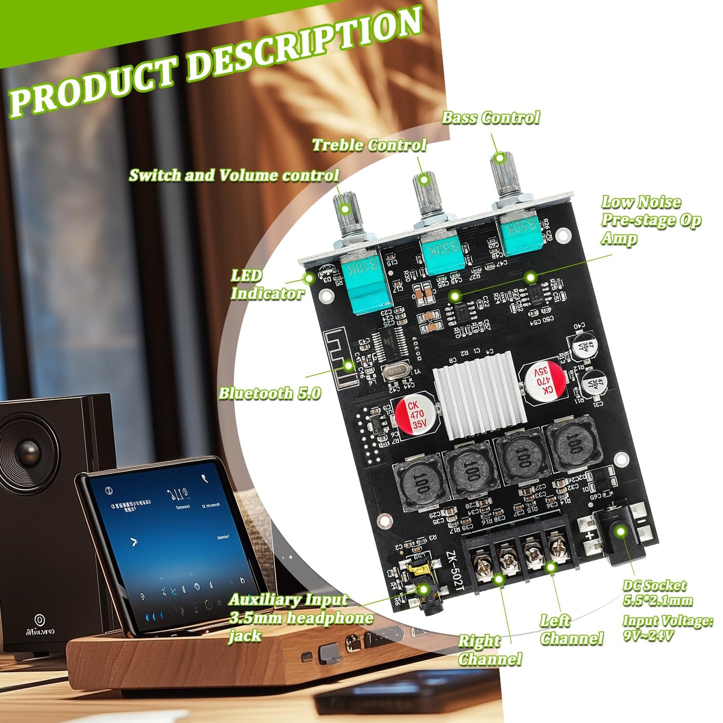 EPLZON 50W+50W Bluetooth Amplifier Board with Treble and Bass Control TPA3116D2 Chips DC 9-24V BT and AUX Inputs 2.0 Channel Stereo AMP Board for DIY