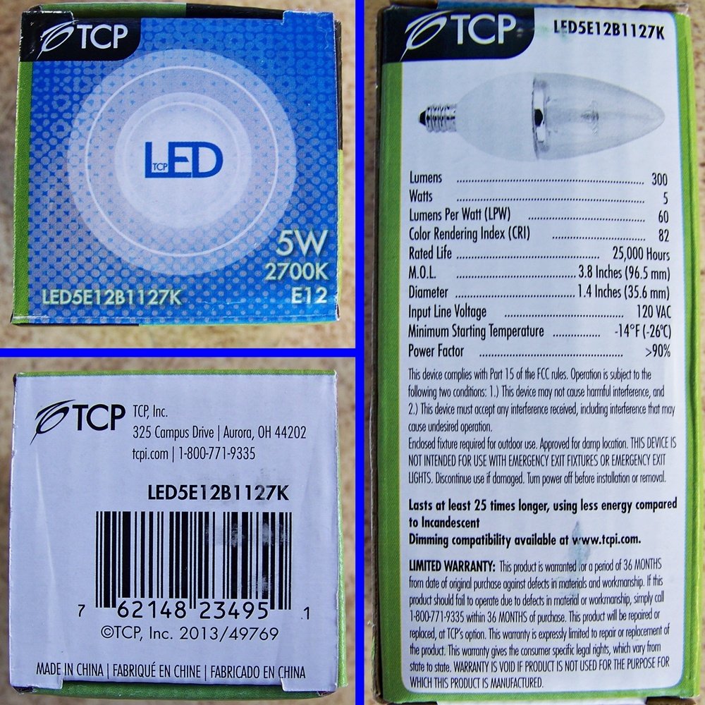 (Case of 12) TCP LED5E12B1127K 5-Watt LED E12 Chandelier Base 2700K Dimmable Lamp - Blunt Tip