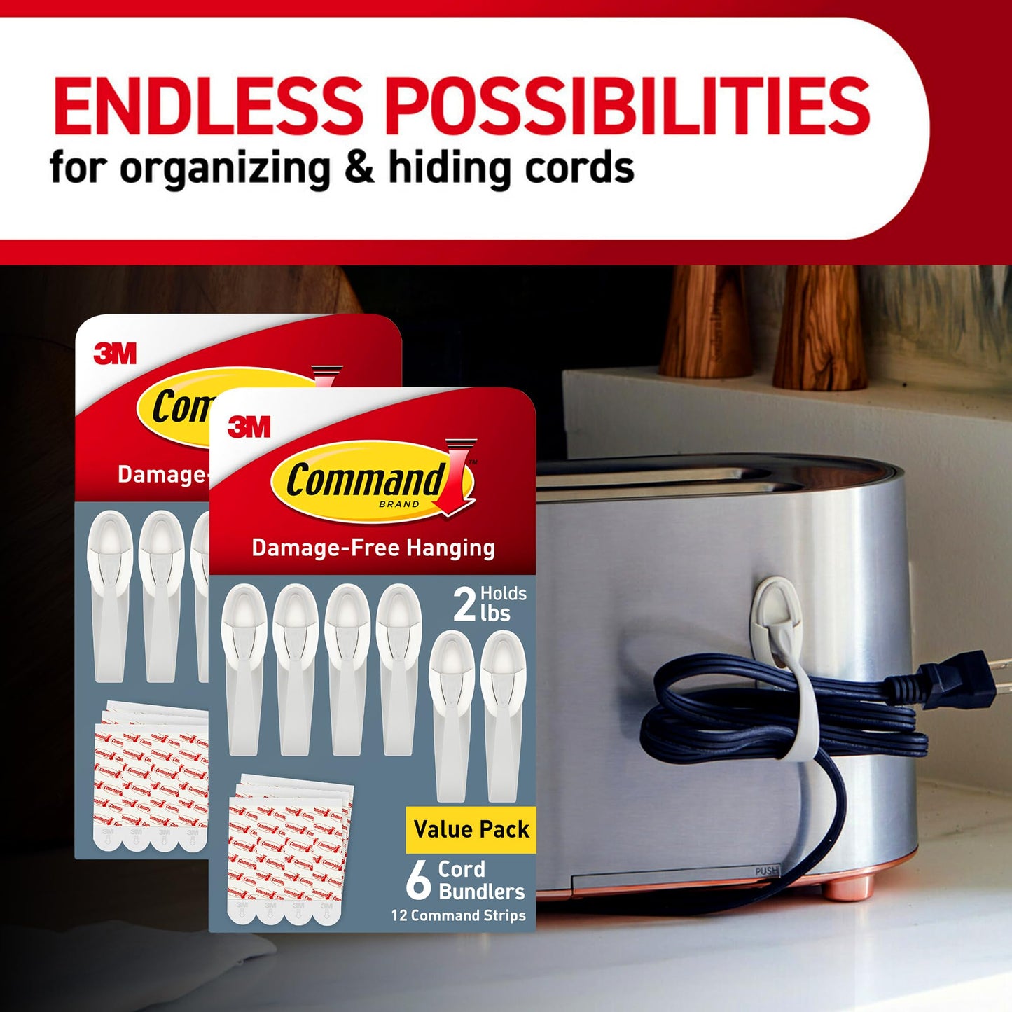 Command Cord Bundlers, Damage-Free Hanging Cord Organizer, No Tools Required for Hanging Electrical Cables, 12 Gray Bundlers and 24 Command Strips