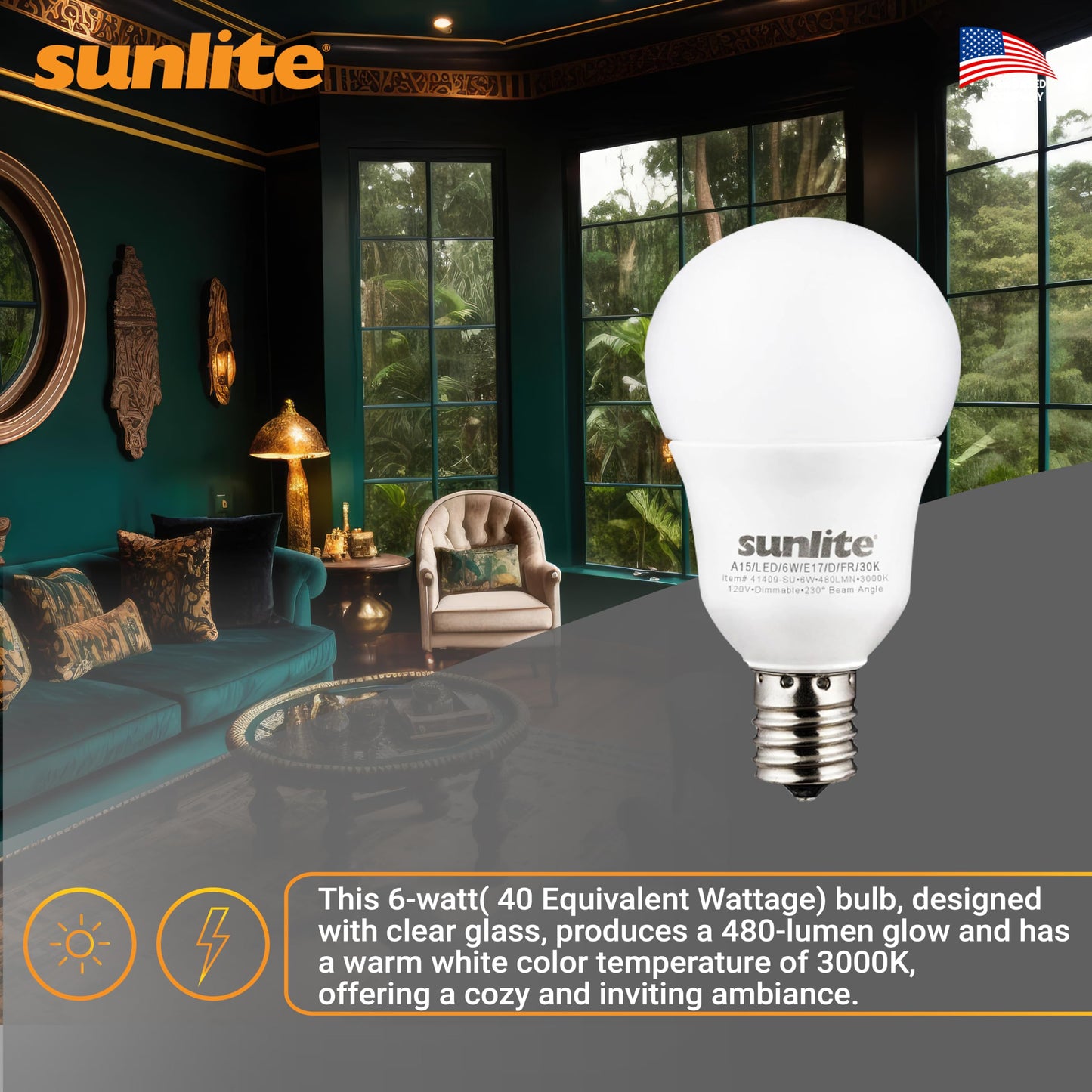 Sunlite 80334-SU LED A15 Light Bulb, 6 Watts (40W Equivalent), Intermediate Base (E17), 480 Lumens, Dimmable, Frosted Finish, ETL Listed, 1 Count