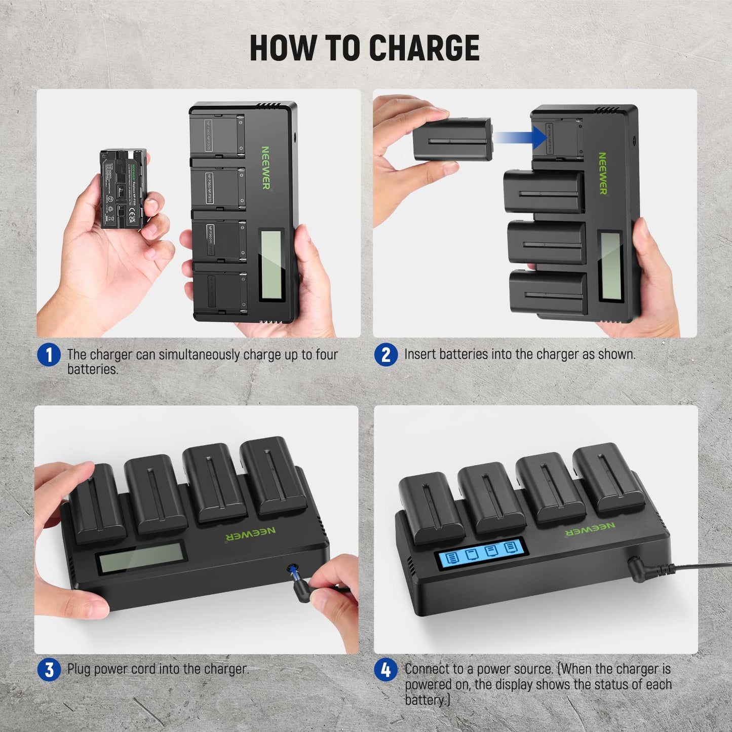 NEEWER 4 Packs 7.2V 2600mAh NP-F550 Replacement Batteries with 4 Channel Battery Charger & Power Adapter, Compatible with NP-F550/750/770/970 FM500H