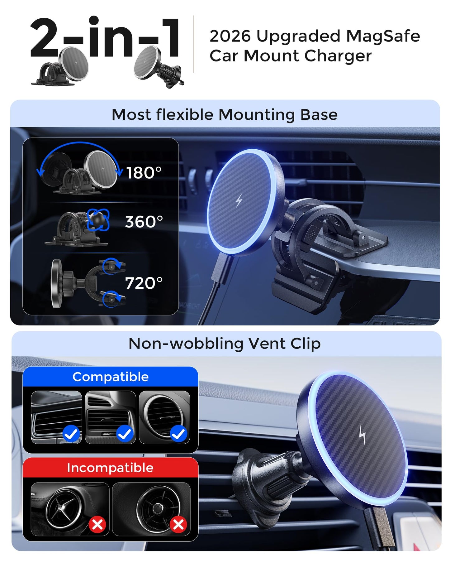 Estbuc 2-in-1 15W Magsafe Car Mount Charger, Magnetic Wireless Car Charger, 360° Dashboard & Air Vent Phone Mount, Phone Holders for Your Car, Car