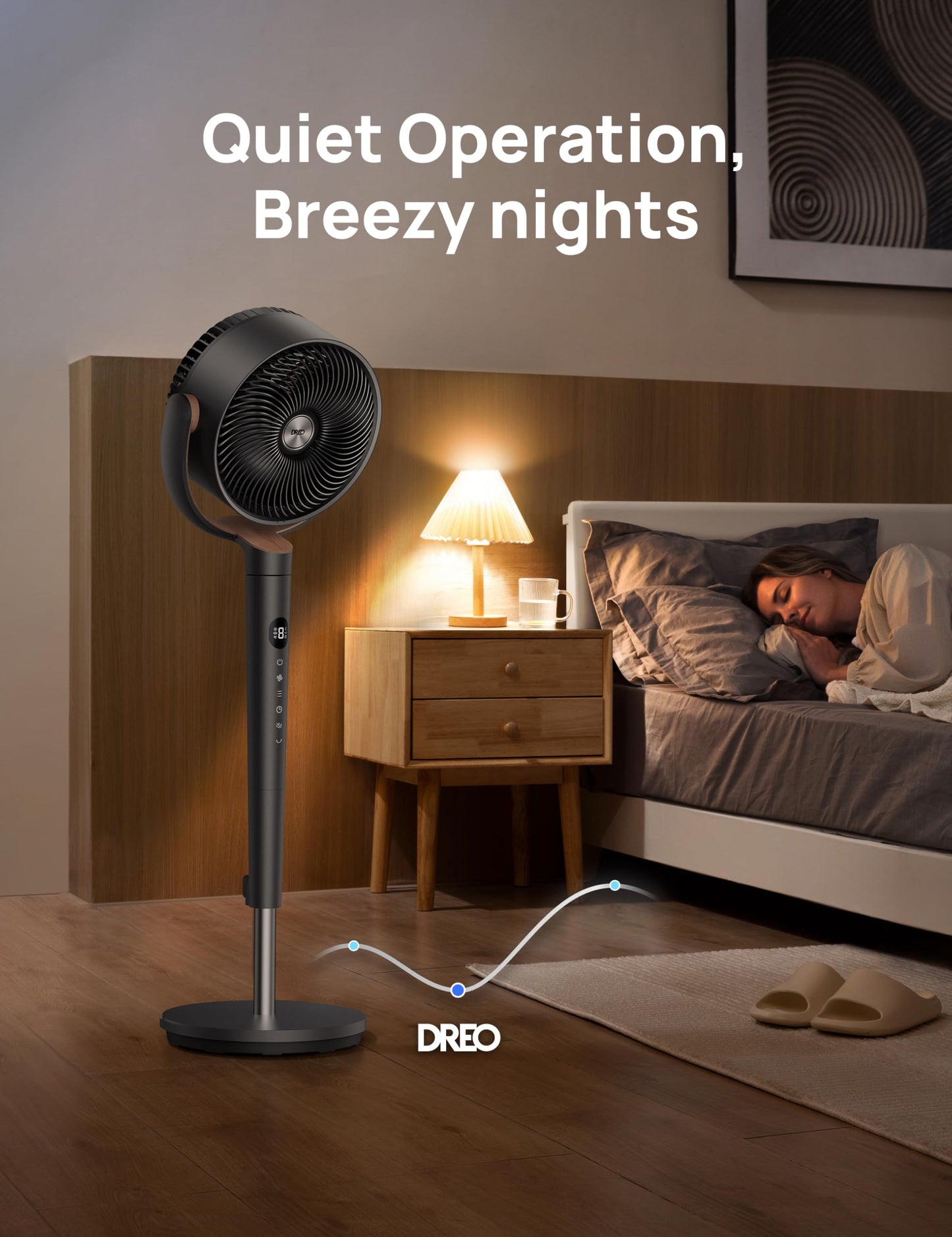 DREO Fan for Bedroom, 120° Oscillating Standing Fans, Quiet Floor Fan with DC Motor, 100ft Pedestal Fans for Room, 9 Speeds, 4 modes, 120° Manual