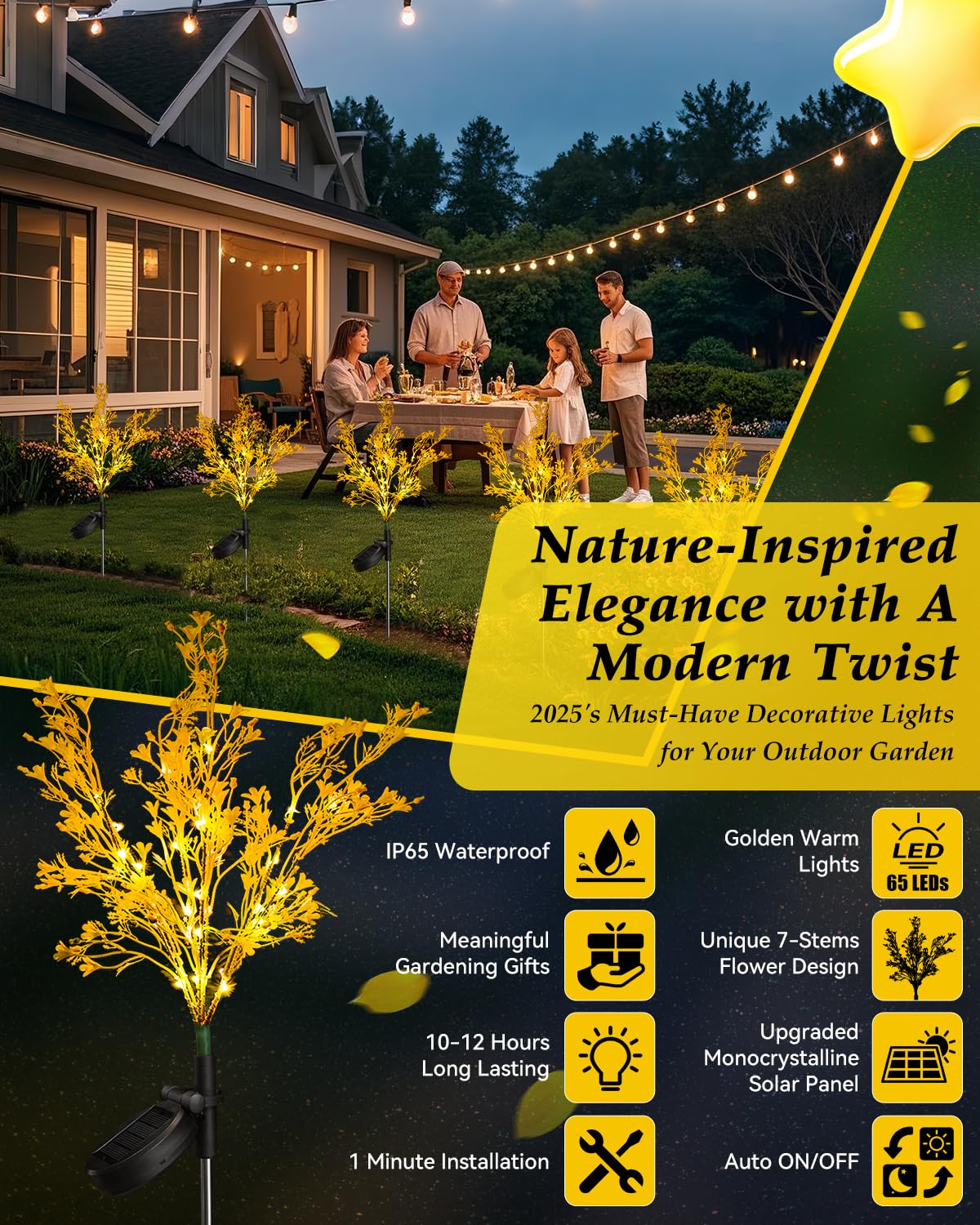 Neporal Garden Solar Lights Outdoor Waterproof IP65 4 Pack, 7-Stems Dusk to Dawn Golden Solar Flowers, Bigger Solar Panel for Garden,Yard, Patio