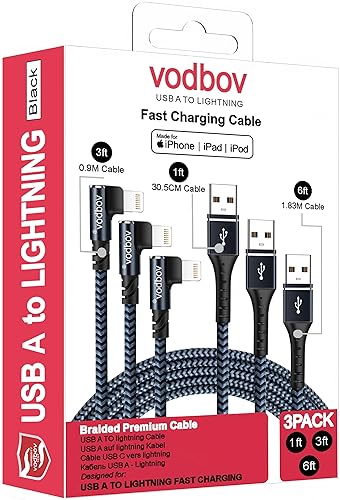 VODBOV iPhone Charger Lightning Cord 3Pack 1FT 3FT 6FT Right Angle MFi Certified Cable Braided USB Charging Wire High Speed Black