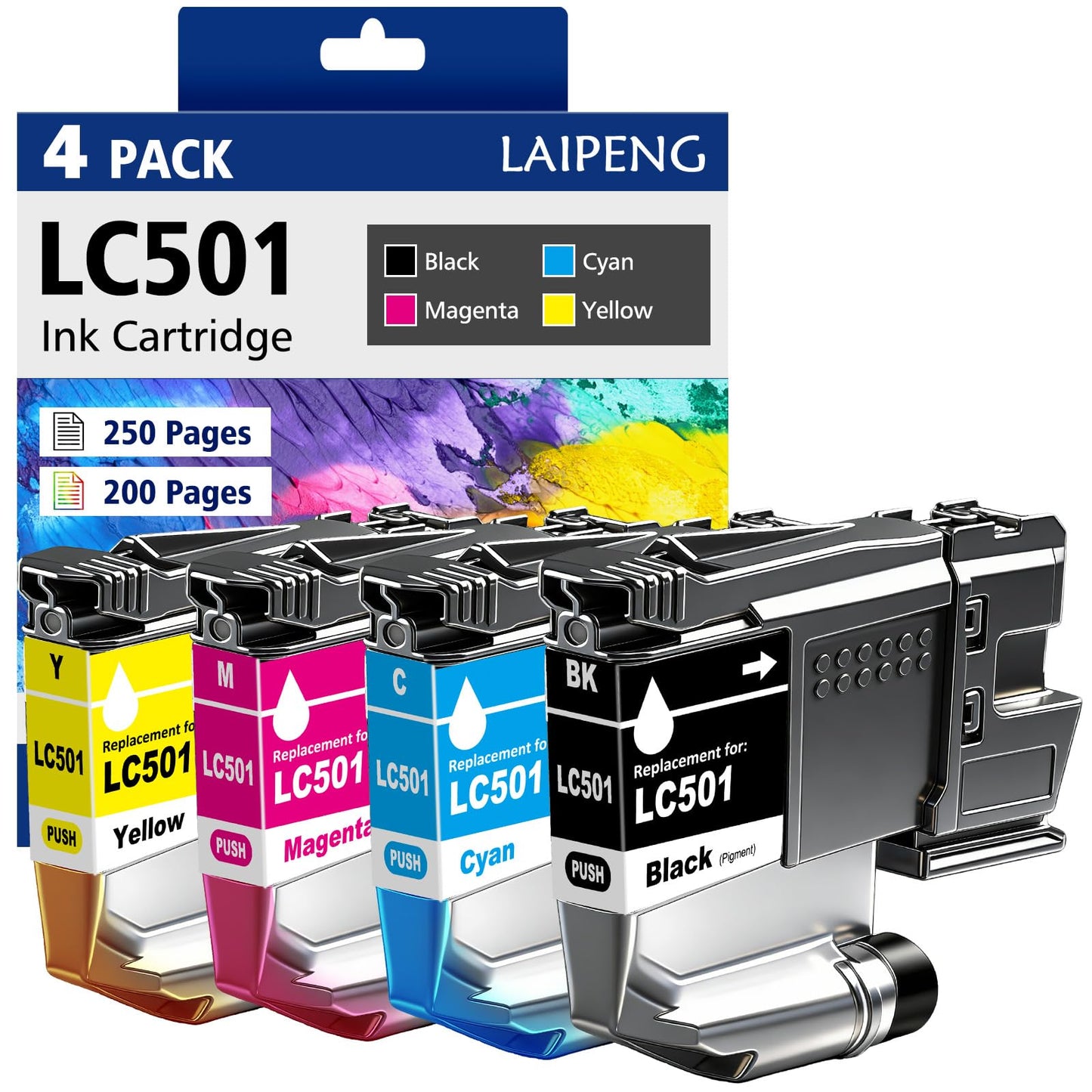 LAIPENG LC501 Ink Cartridges 4-Pack Compatible with Brother LC501 LC501XL for MFC-J1260DW MFC-J1360DW MFC-J1410DW Printers (4-Pack, BK/C/M/Y)