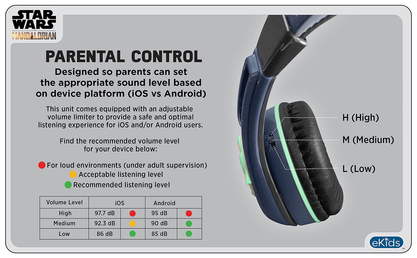 eKids Star Wars The Child Wired Headphones Clear Stereo Sound Parental Volume Control, Aux Cable, The Mandalorian Kids Headphones Toddlers Children…