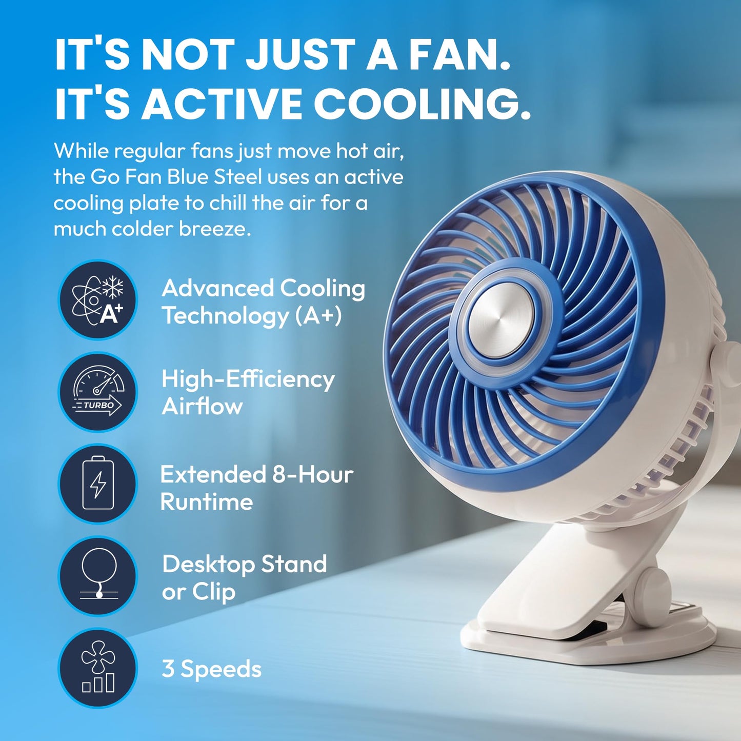 Spark Innovators Go Fan Blue Steel Portable Desk Fan with Cooling Plate