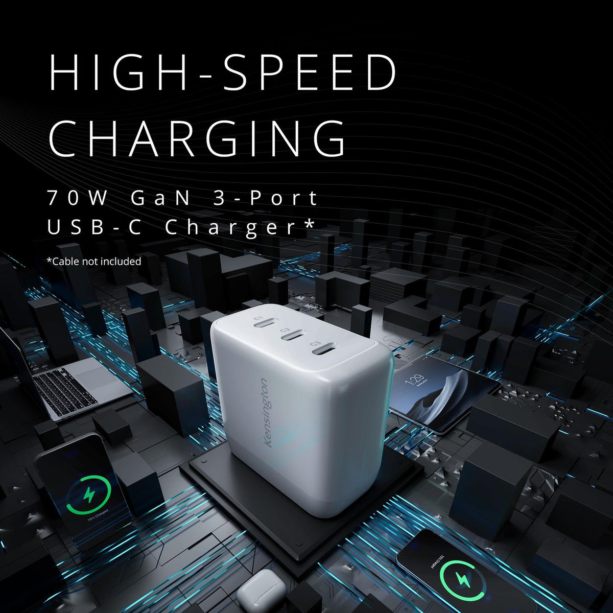 Kensington 70W USB?C GaN Power Adapter, 3?Port Fast Charger with Power Delivery for Laptops, Tablets & Smartphones (K38101NA)