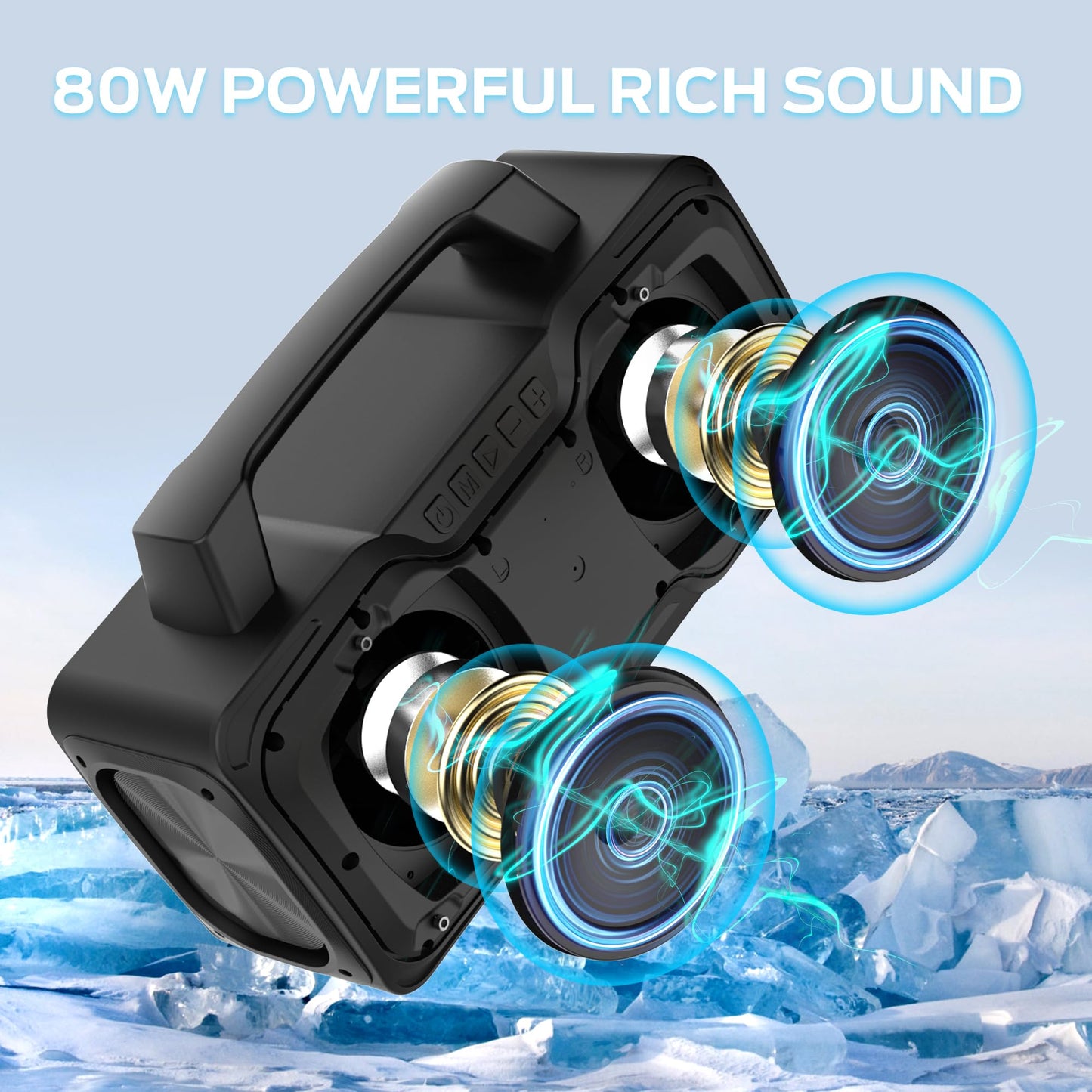 BUGANI Bluetooth Speaker, 80W Powerful Portable Wireless Speakers IPX7 Waterproof Speaker, Outdoor Loud Speakers with Handle 24H Playtime, Support