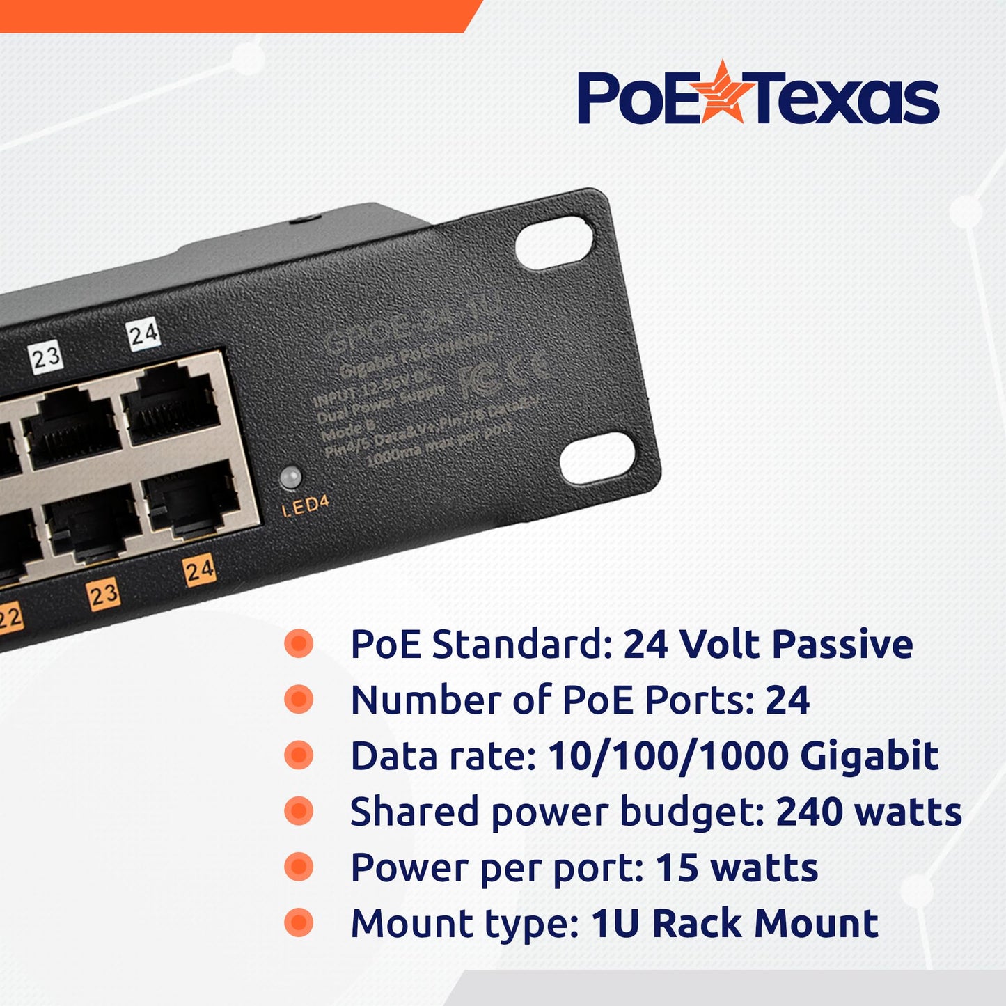 PoE Texas 24 Port PoE Injector - Multi-Port PoE Gigabit Rack Mount Midspan for IP Cameras, WiFi AP, Add Power Over Ethernet to Non-PoE Switch or