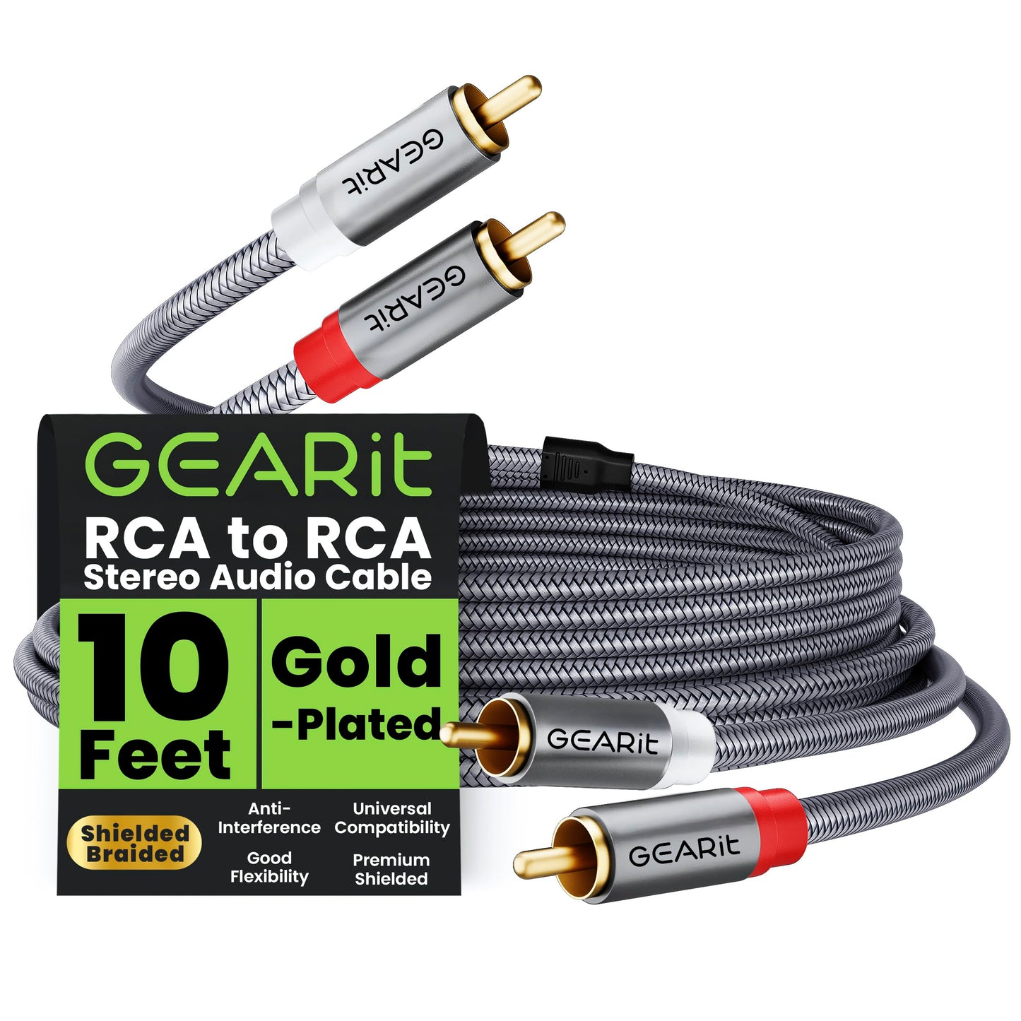 GEARit RCA Cable (10FT) 2RCA Male to 2RCA Male Stereo Audio Cables Shielded Braided RCA Stereo Cable for Home Theater, HDTV, Amplifiers, Hi-Fi