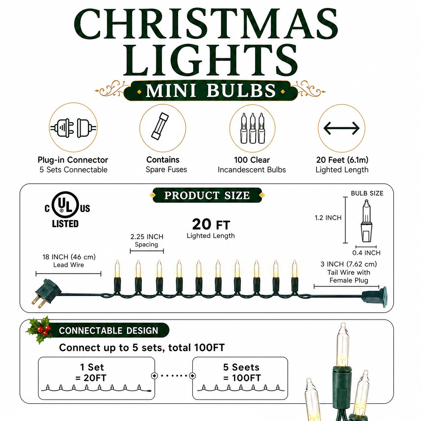 TW SHINE Warm White Christmas Lights Outdoor, 20FT 100 Count Incandescent Christmas Light Indoor, Waterproof Christmas Tree String Lights for Xmas