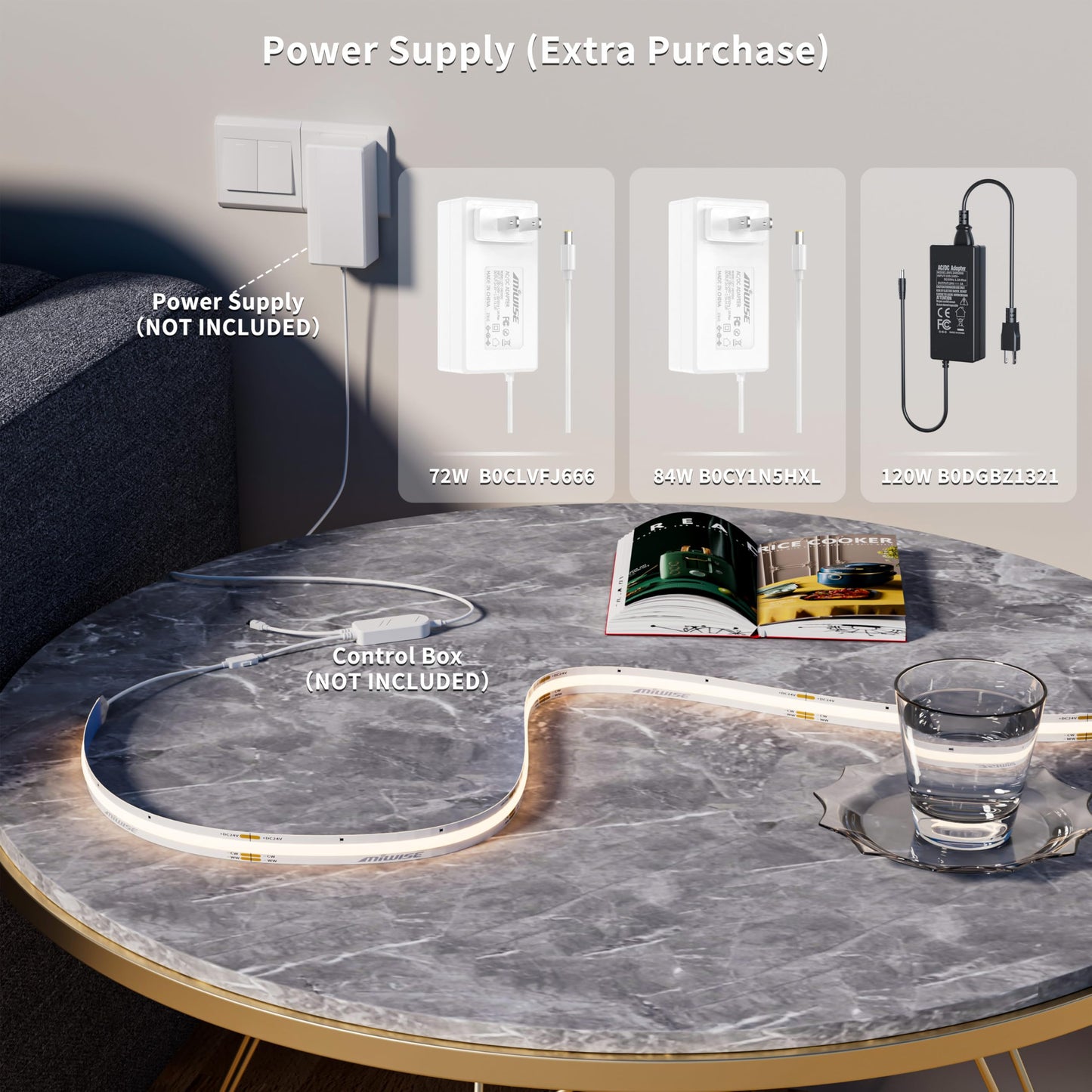 MIWISE CCT COB LED Strip Light Tunable White,20ft/6.1m Dimmable 2700K-6500K CRI90+ 24V LED Tape Light,for Under Cabinet Bedroom Kitchen DIY