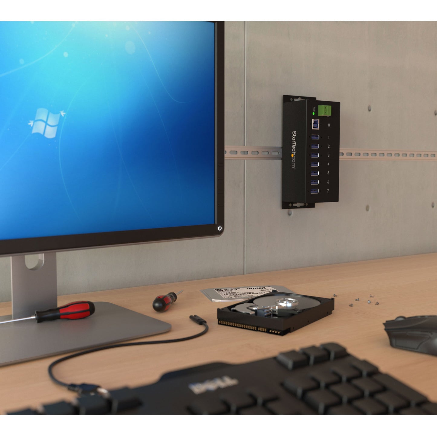 StarTech.com 7-Port USB 3.0 Hub - 5Gbps - Metal Industrial USB-A Hub with ESD Protection & 350W Surge Protection - Din Rail Wall or Desk Mountable