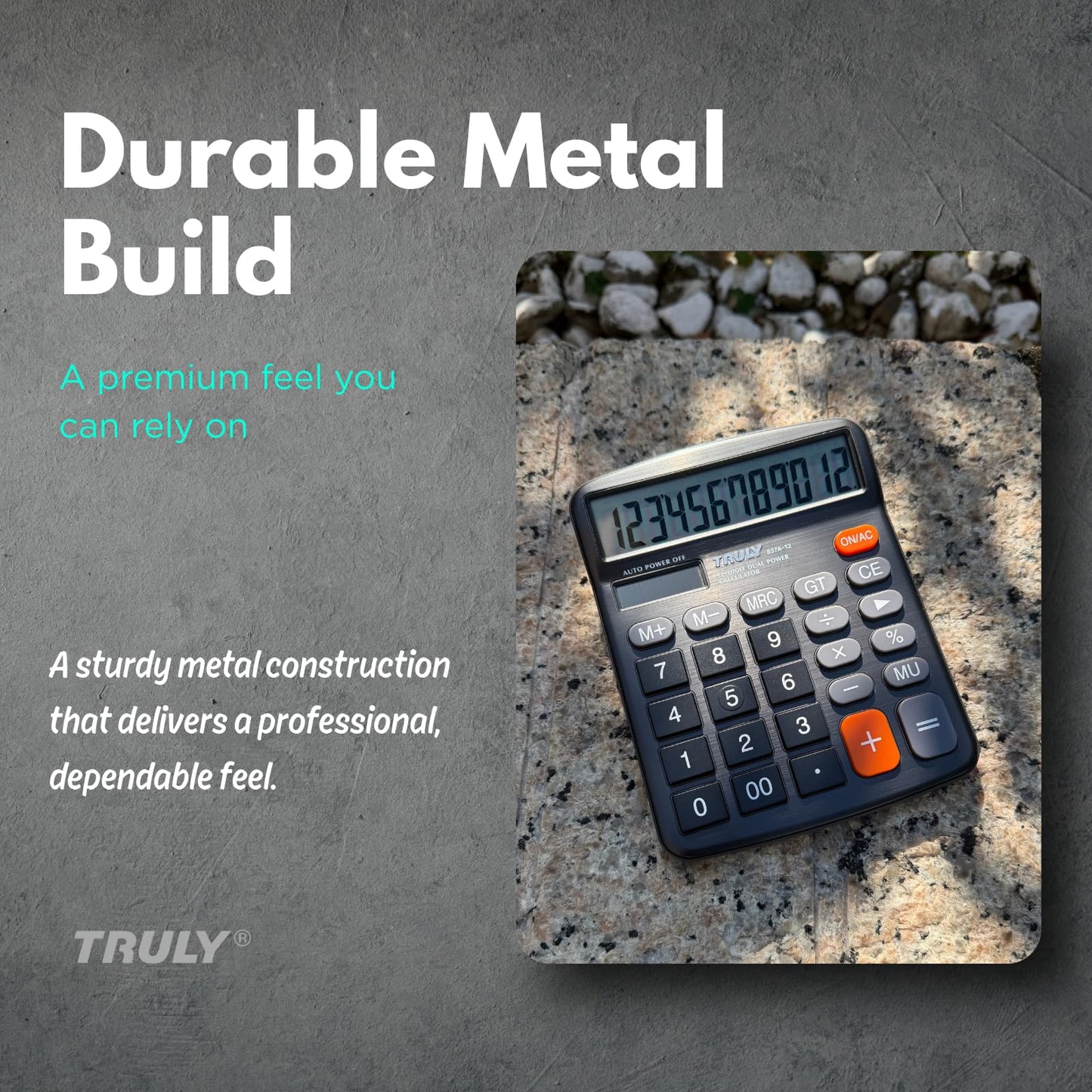 TRULY 12-Digit Desktop Calculator with Large Display, Big Buttons, Dual Power (Solar + Battery), Metal Finish, Ideal for Office, Home, School - 837A