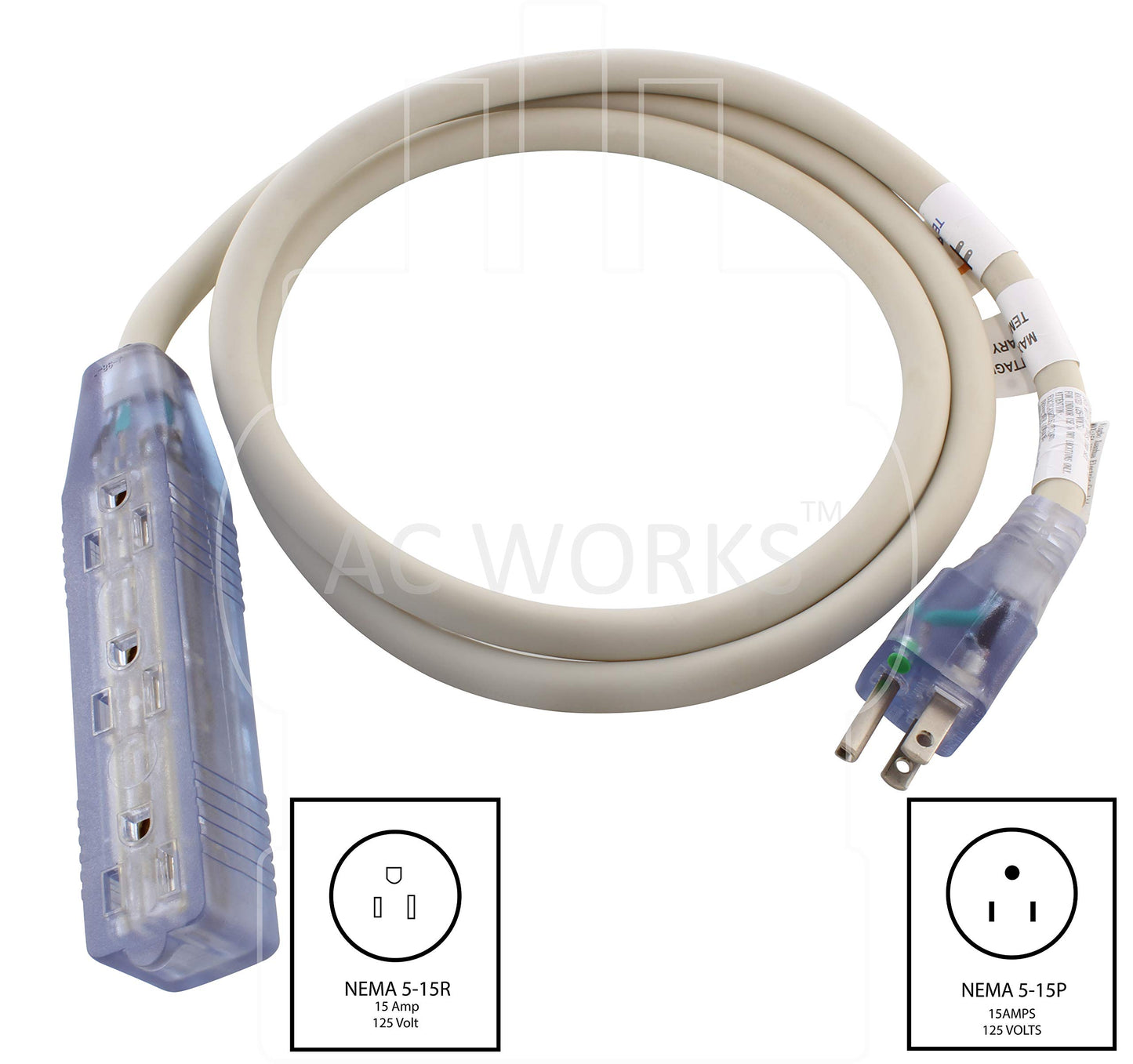 AC WORKS [S515B515-060] 5FT 15A 12/3 Heavy Duty Power Strip Cord with Lighted