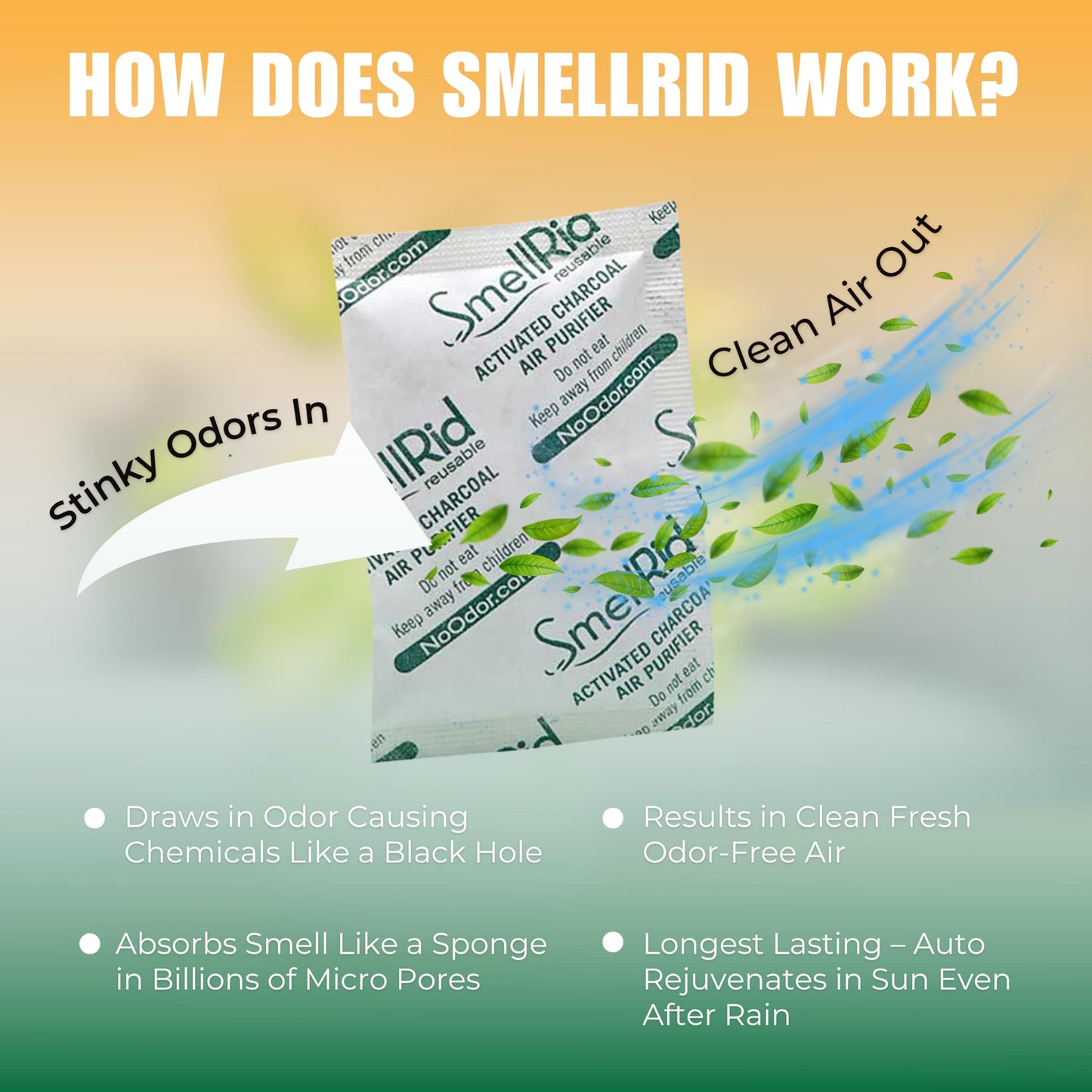 SMELLRID Reusable Activated Charcoal Air Purifier & Smell Eliminator [1 Pack] - XX Large 500g (7.5" x 8.7") Pack Treats 250 Sq. Ft. - Premium Natural