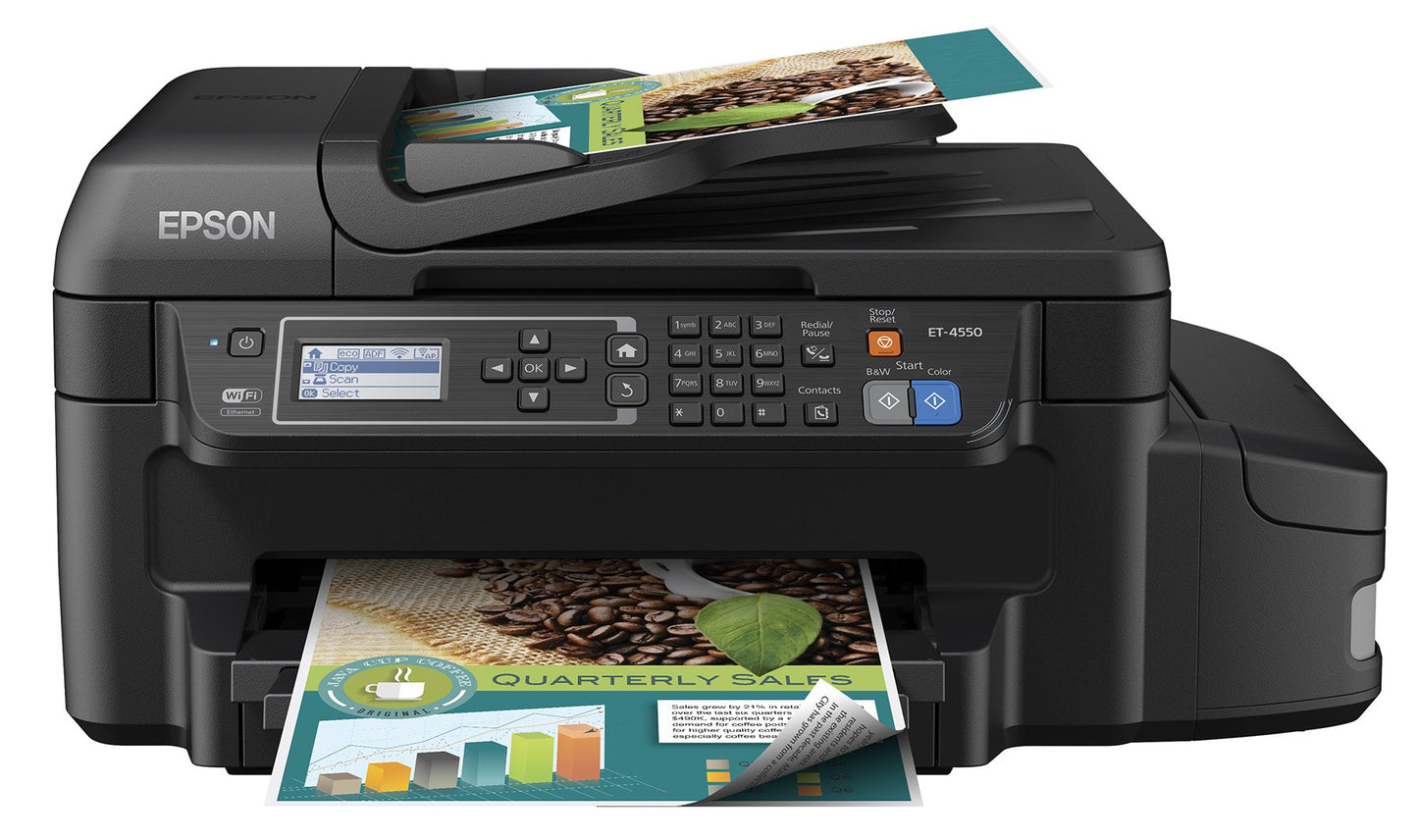 Epson WorkForce ET-4550 EcoTank Wireless Color All-in-One Supertank Printer with Scanner, Copier, Fax, Ethernet, Wi-Fi, Wi-Fi Direct, Tablet