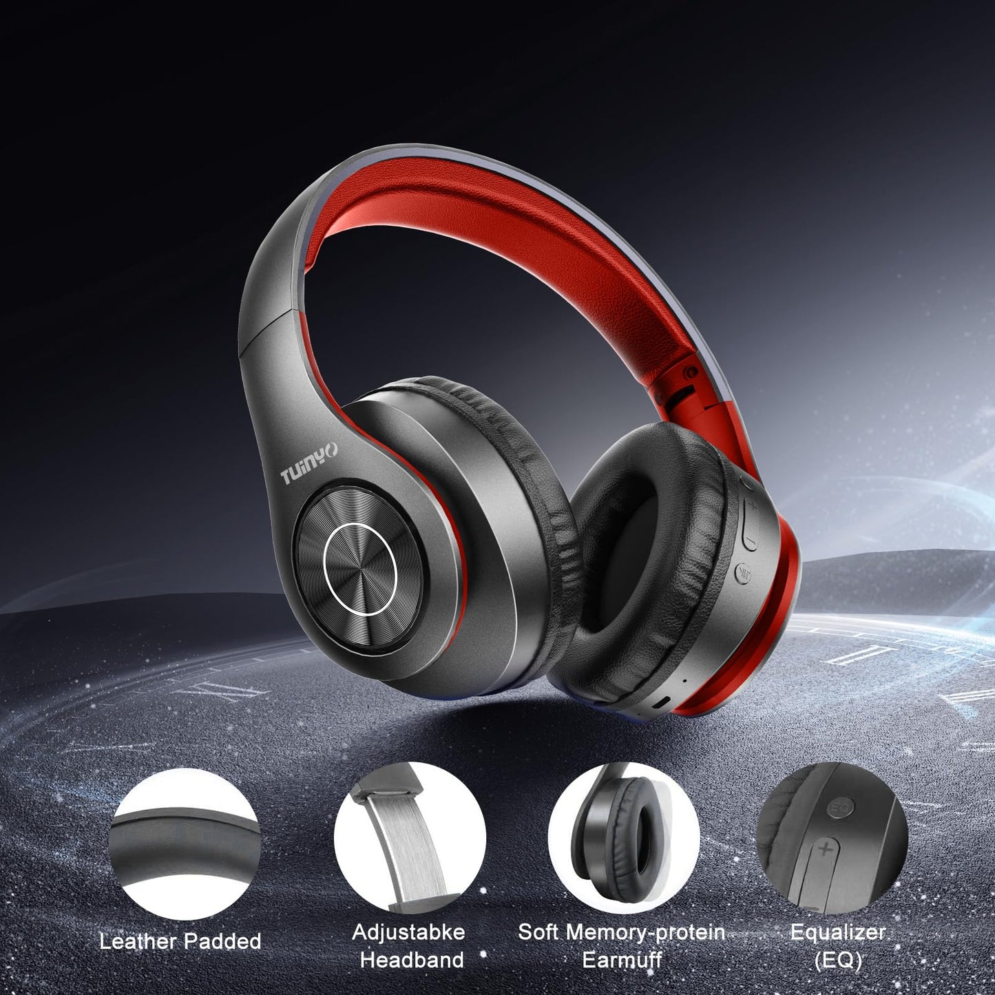 TUINYO Bluetooth Headphones, Over Ear Stereo Wireless Headset 40H Playtime with Deep Bass,Soft Memory-Protein Earmuffs,Built-in Mic Wired Mode PC/Cell