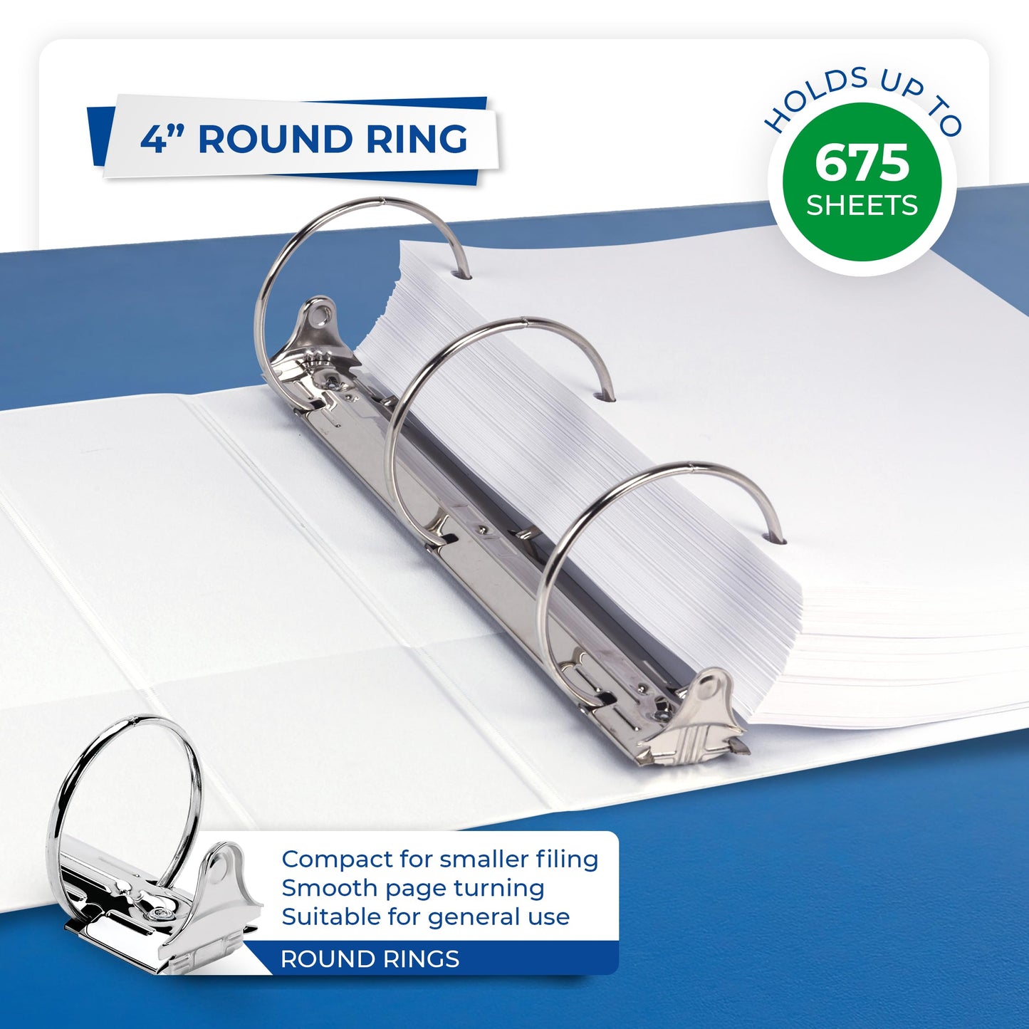 Samsill 4 Inch 3 Ring Binders, Economy Round Ring, Clear View Cover, 675 Sheet Capacity - for School, Home, Office - White, 4 Pack