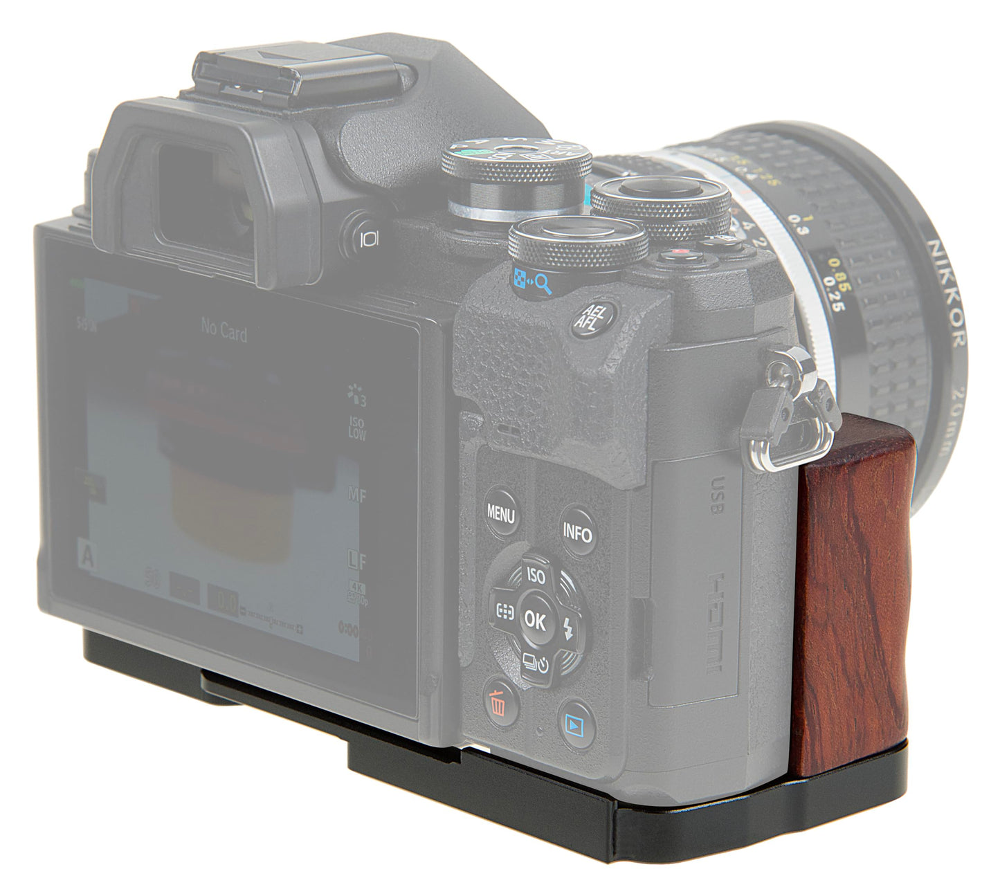 Deluxe Metal Camera Hand Grip for Olympus OM-D E-M10 Mark IV MILC MFT Camera with Wooden Accent and Battery Access