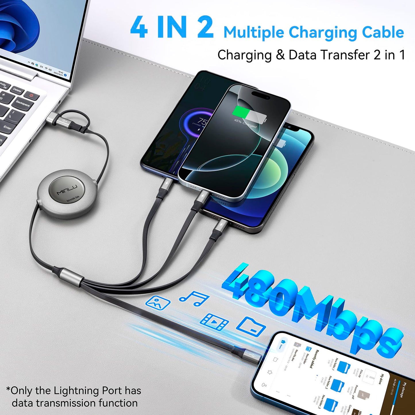 4 in 2 Multi Charging Cable 4A, 4Ft USBC Charging Cable, Retractable Car Charger with Lightning/Type C/Micro USB Ports for iPhone 16 15 14 Pro