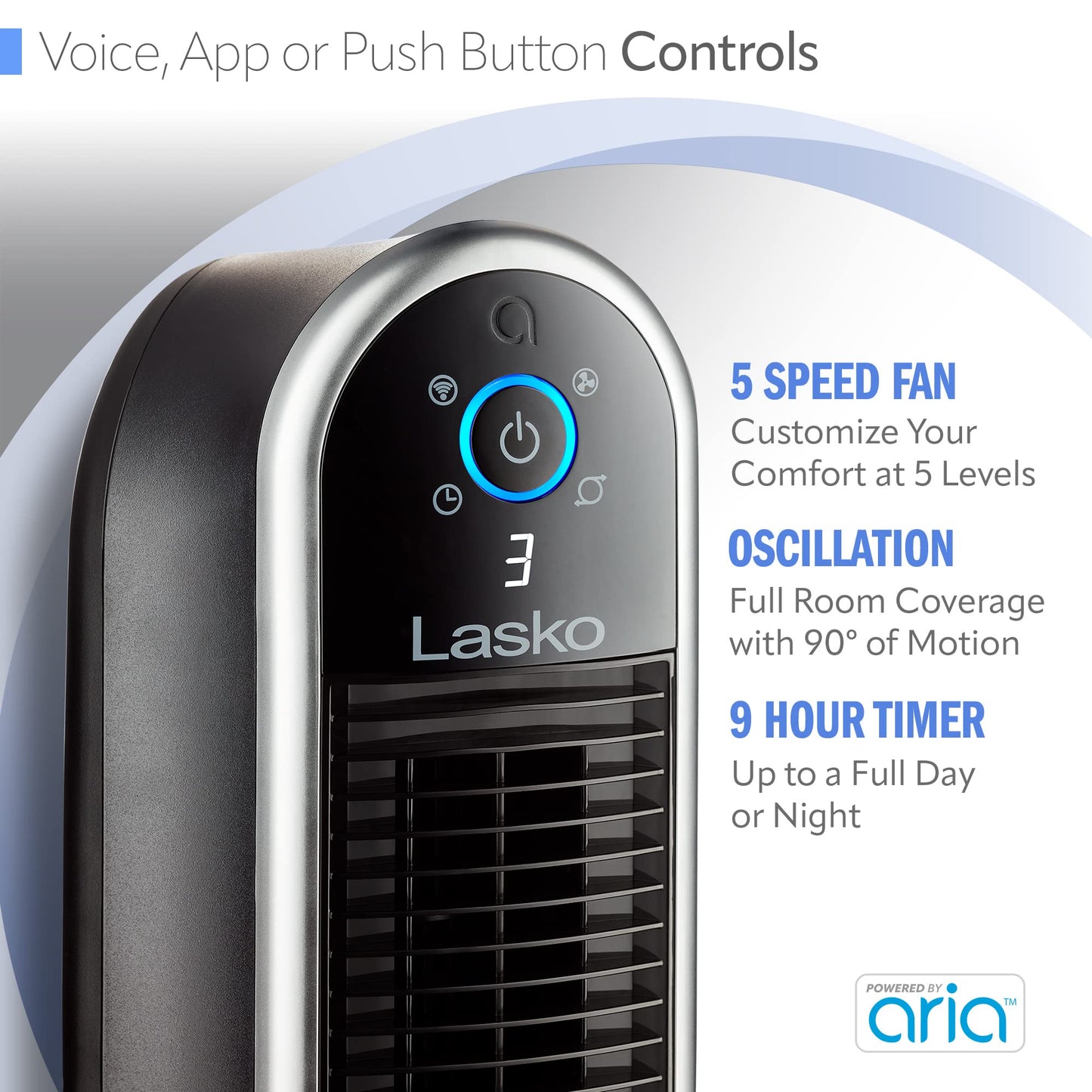 Lasko Aria™ T40733 40" 5-Speed WiFi Smart Tower Fan with Dark Mode: black