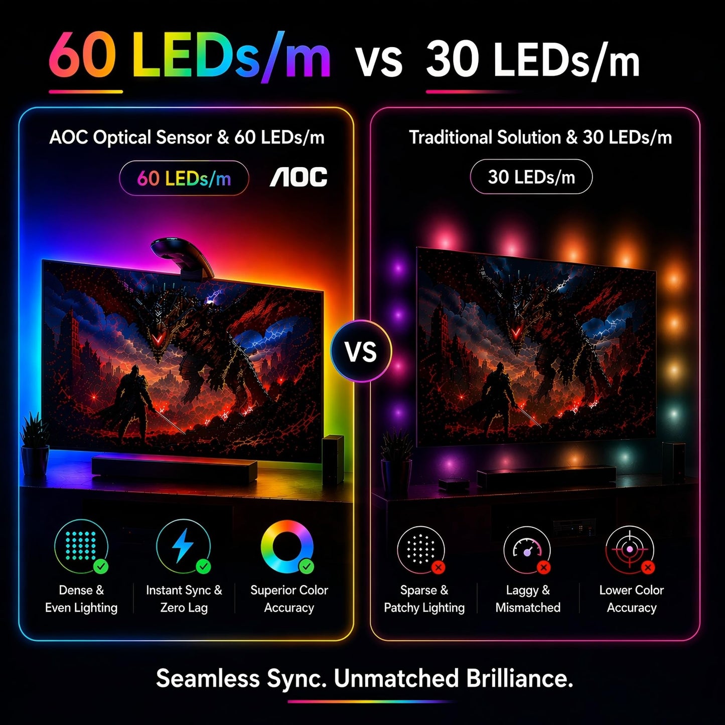 AOC TV LED Backlight, TV Lights that Change with TVs for 55-65 inch Screen, RGB Strip Lighting with Sensor, Syncs Behind The Monitor, Smart App