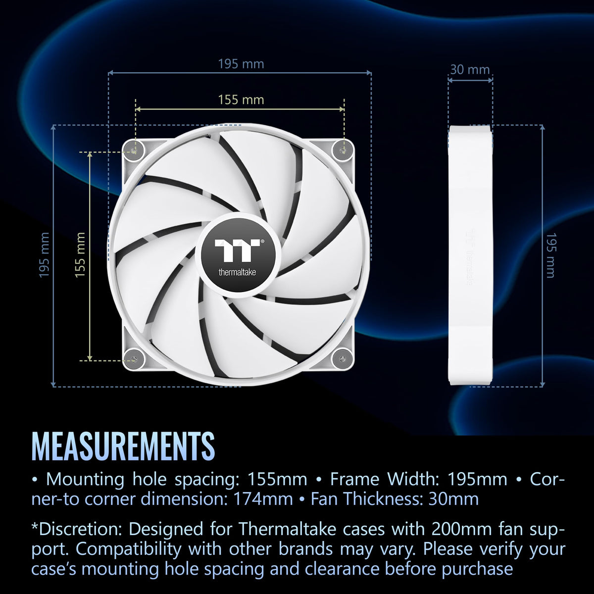 Thermaltake CT200 PWM Fan Single Pack, PWM Controlled 500~900 RPM, Airflow 131.6 CFM, Hydraulic Bearing, Case Fan, 200mm x 200mm x 30mm, White