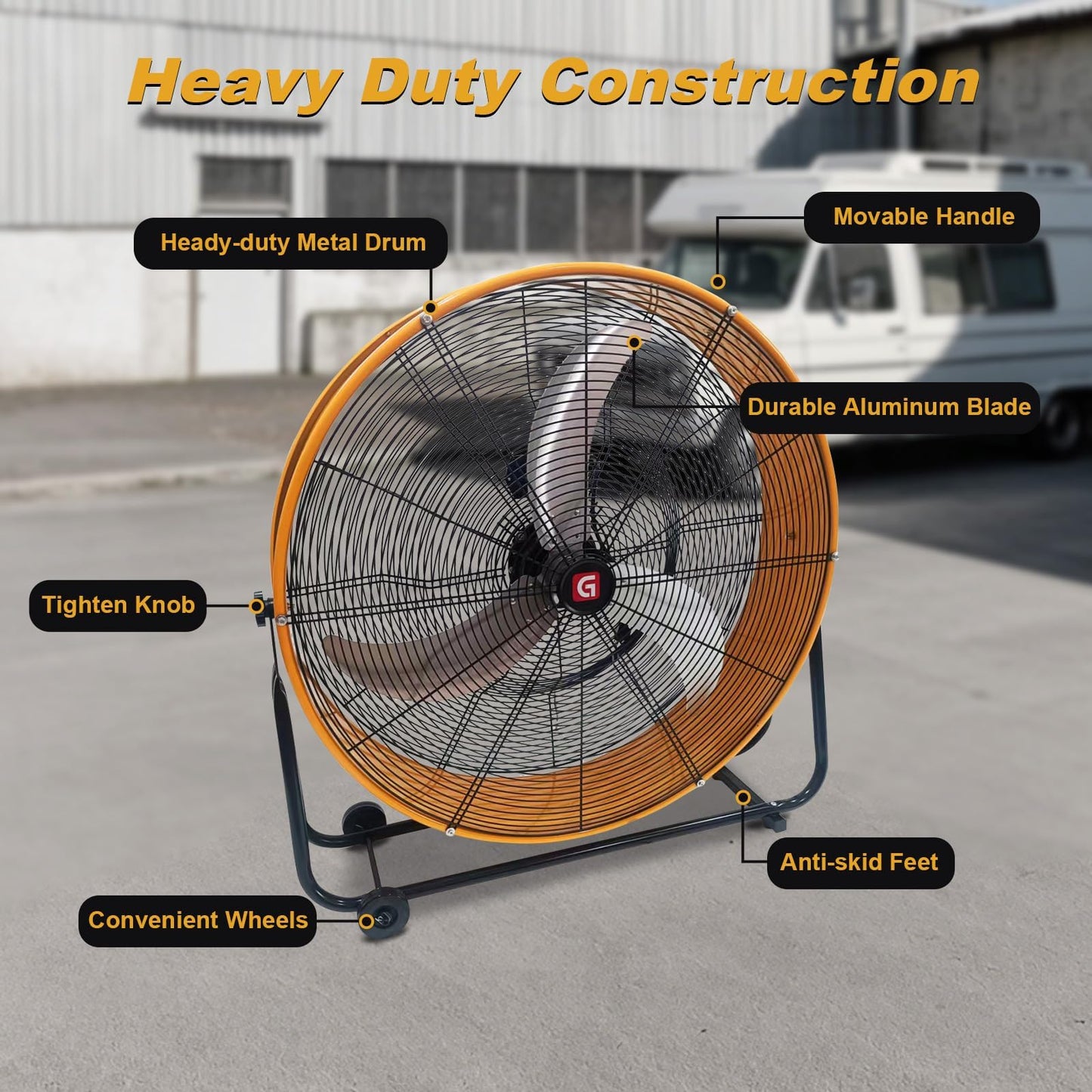 ElfinAura 26 Inch Industrial Drum Fan Heavy Duty Metal Drum Floor Fan, 145W, 8800 CFM High Velocity, 3-Speed Control, 360° Adjustable Tilt