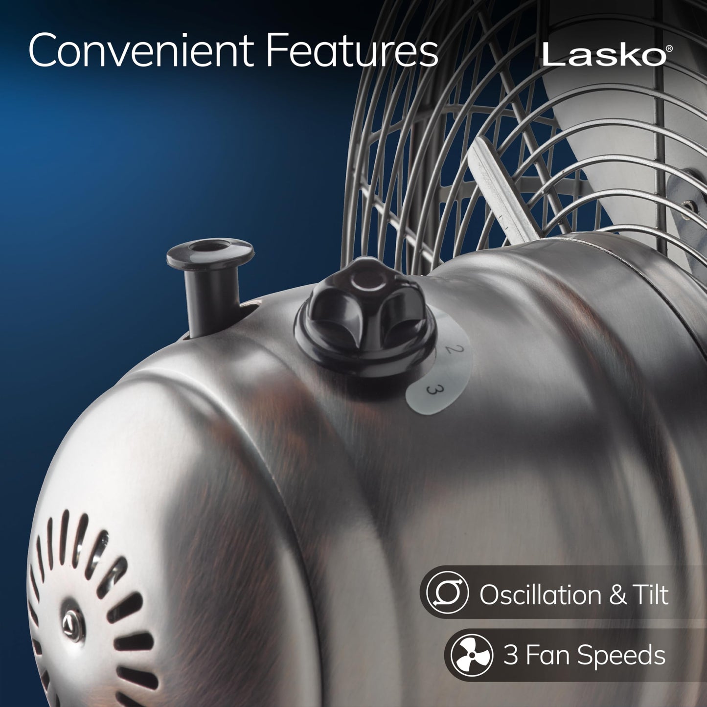 Lasko Oscillating Table Top Fan, Portable, 3 Quiet Speeds, for Bedroom, Kitchen and Office, 17", Bronze, R12210